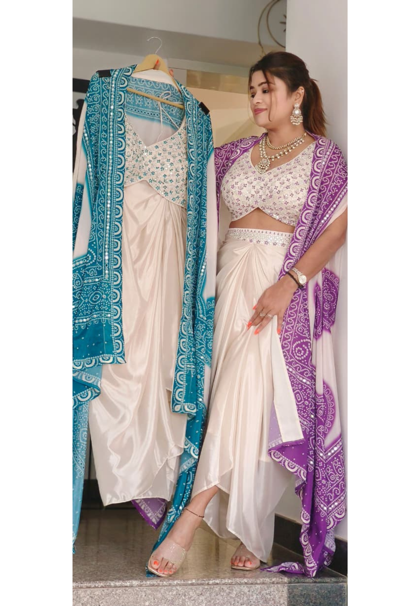 Thread Embroidered With Real Mirror Padded Crop-Top, Bandhej Crepe Outer & Drape Skirt In Silk Fabric- 11559, 11560