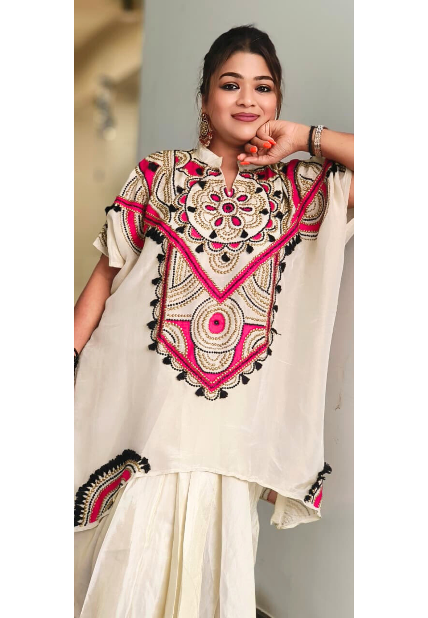 Designer Piece Very Stylish Bold Look Tasseled & Collared Kurta With Inner & Drape Skirt In Tissue Fabric- 11068