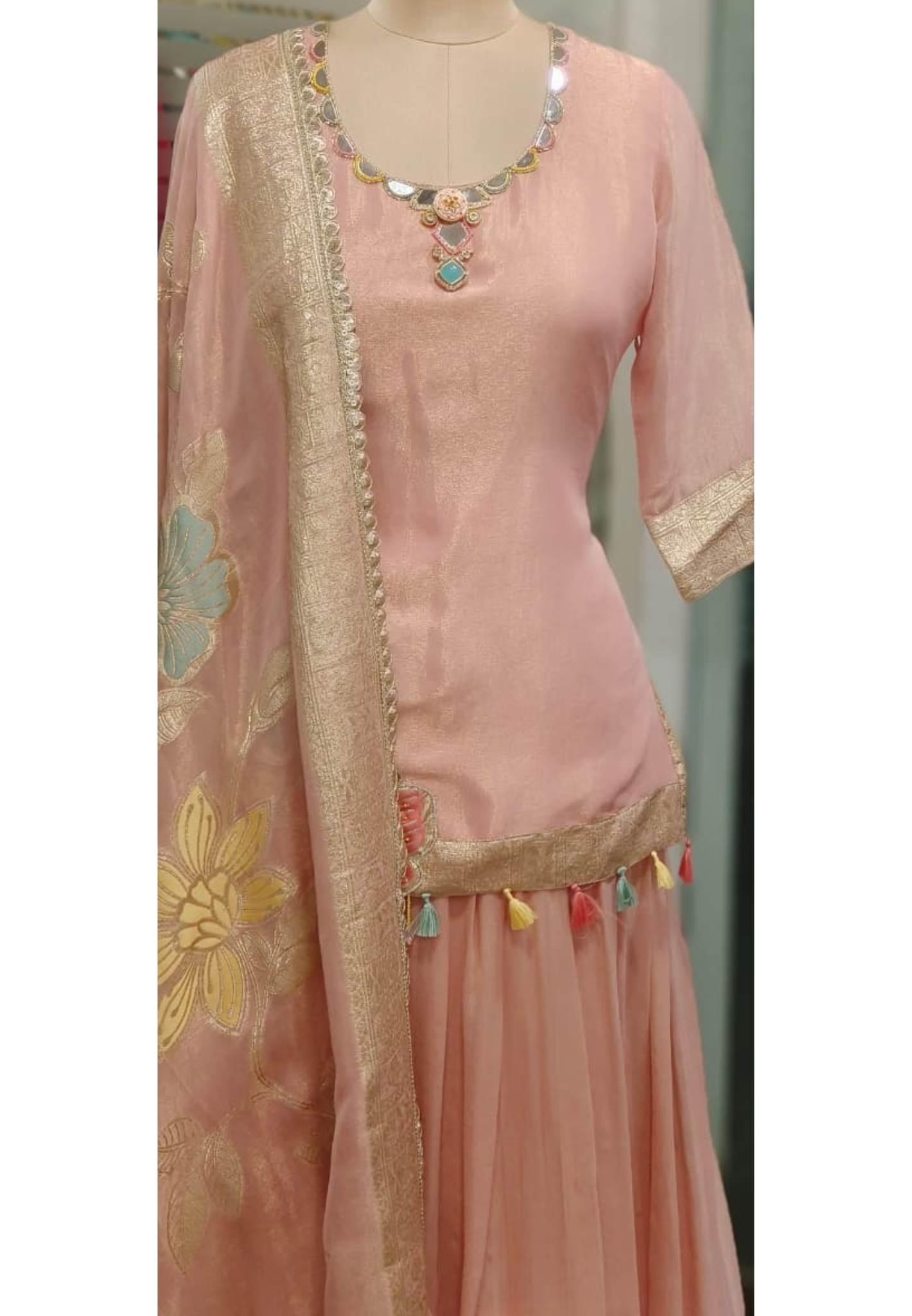 Neck Piece Look Real Mirror Elegance Unique Handwork Floral Cutwork Embroidered Short Kurta With Skirt Bottom(Cane-Cane Inside) & Dupatta In Tissue Fabric- 11543