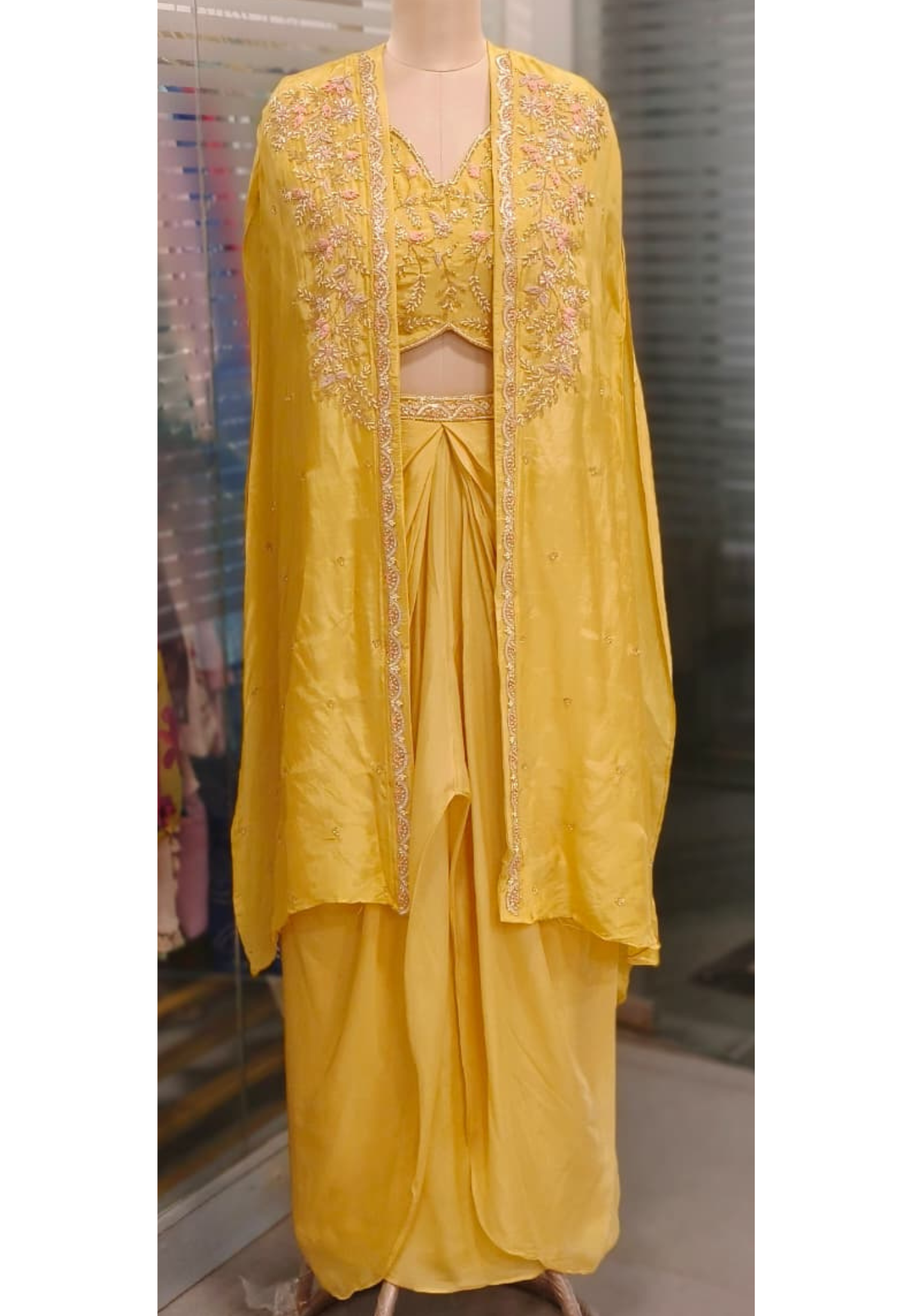 Heavily Hand Worked Crepe Shrug With Padded Crop Top & Drape Skirt In Chinon Fabric- 11561, 11562