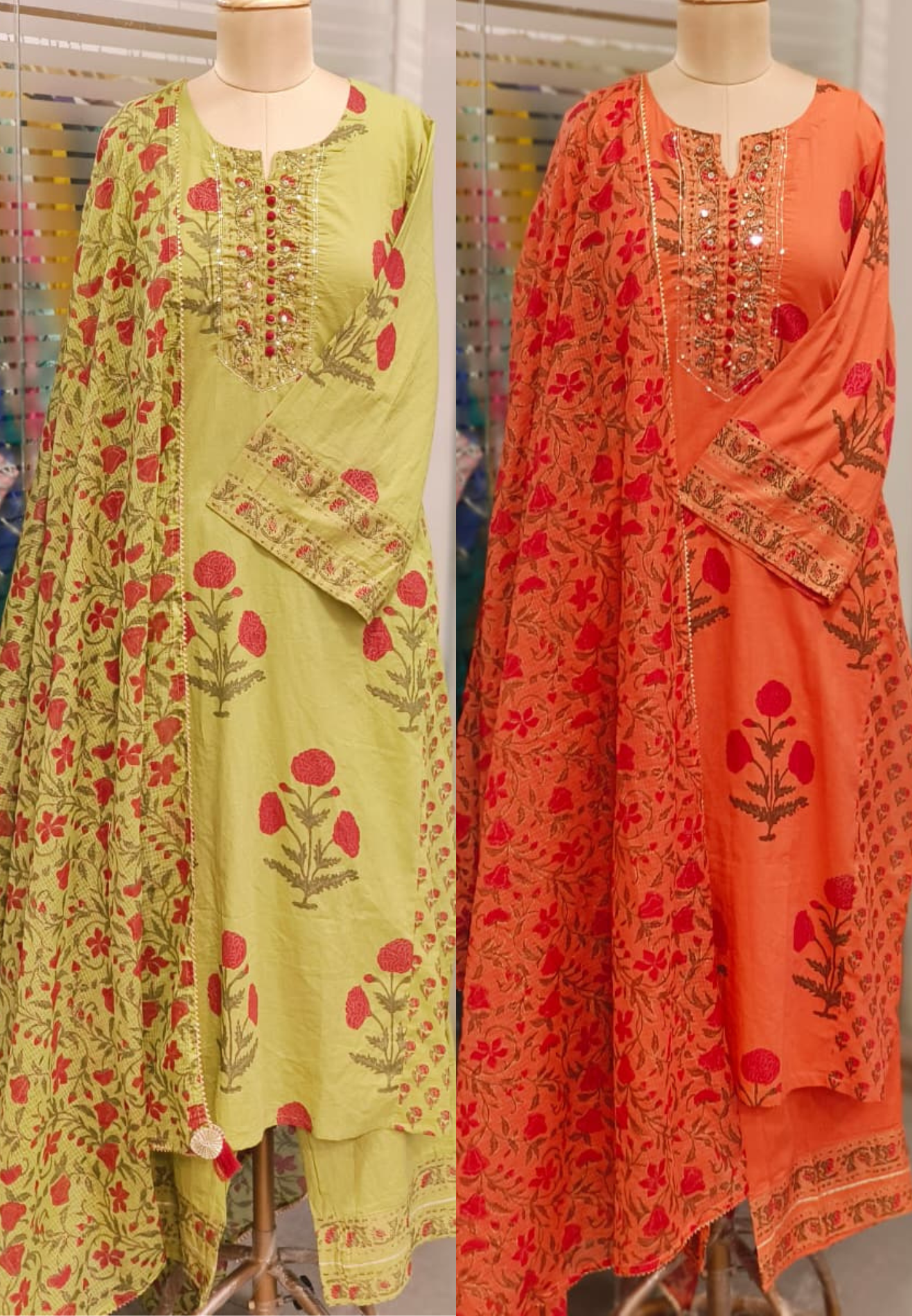 Placement Floral Print Minimal Neck Work Straight Full Suit Set With Dupatta In Cotton Fabric