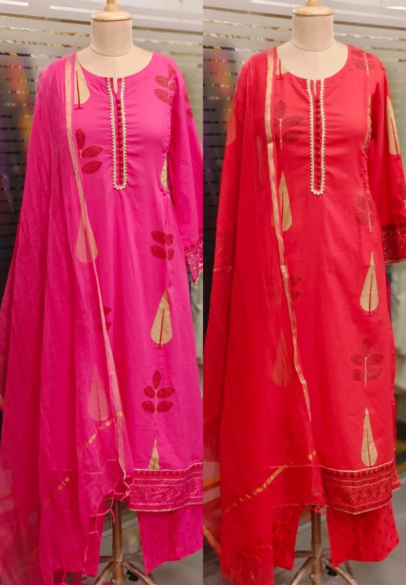 Mirror & Lace Bordered Sleeve Printed Full Suit Set With Dupatta In Cotton Fabric-11530