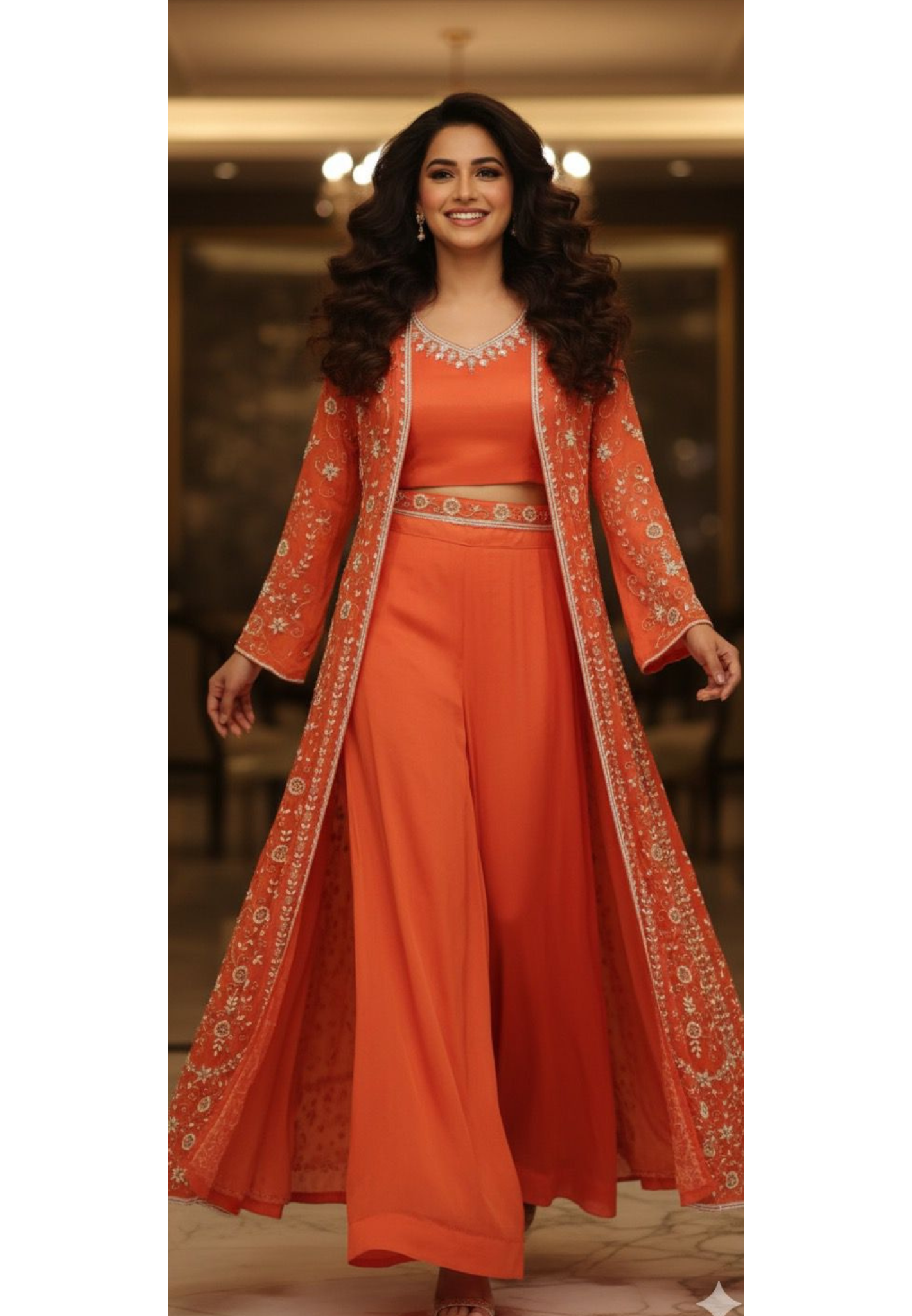 Heavily Hand Worked Cut Dana Shrug With Crop-Top & Loose Palazzo Bottom & Separate Belt In Chinon Fabric- 11548