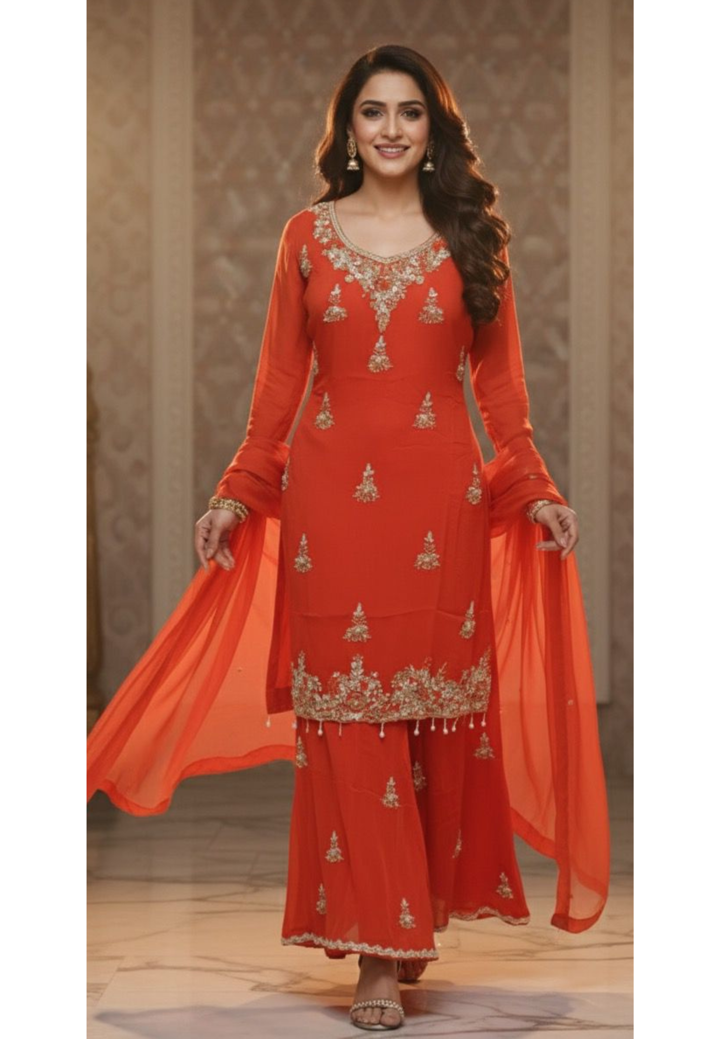 Zardosi Embroidered Handwork Pearl Tassel Full Suit Set With Dupatta & Loose Palazzo Bottom In Chinon Fabric-