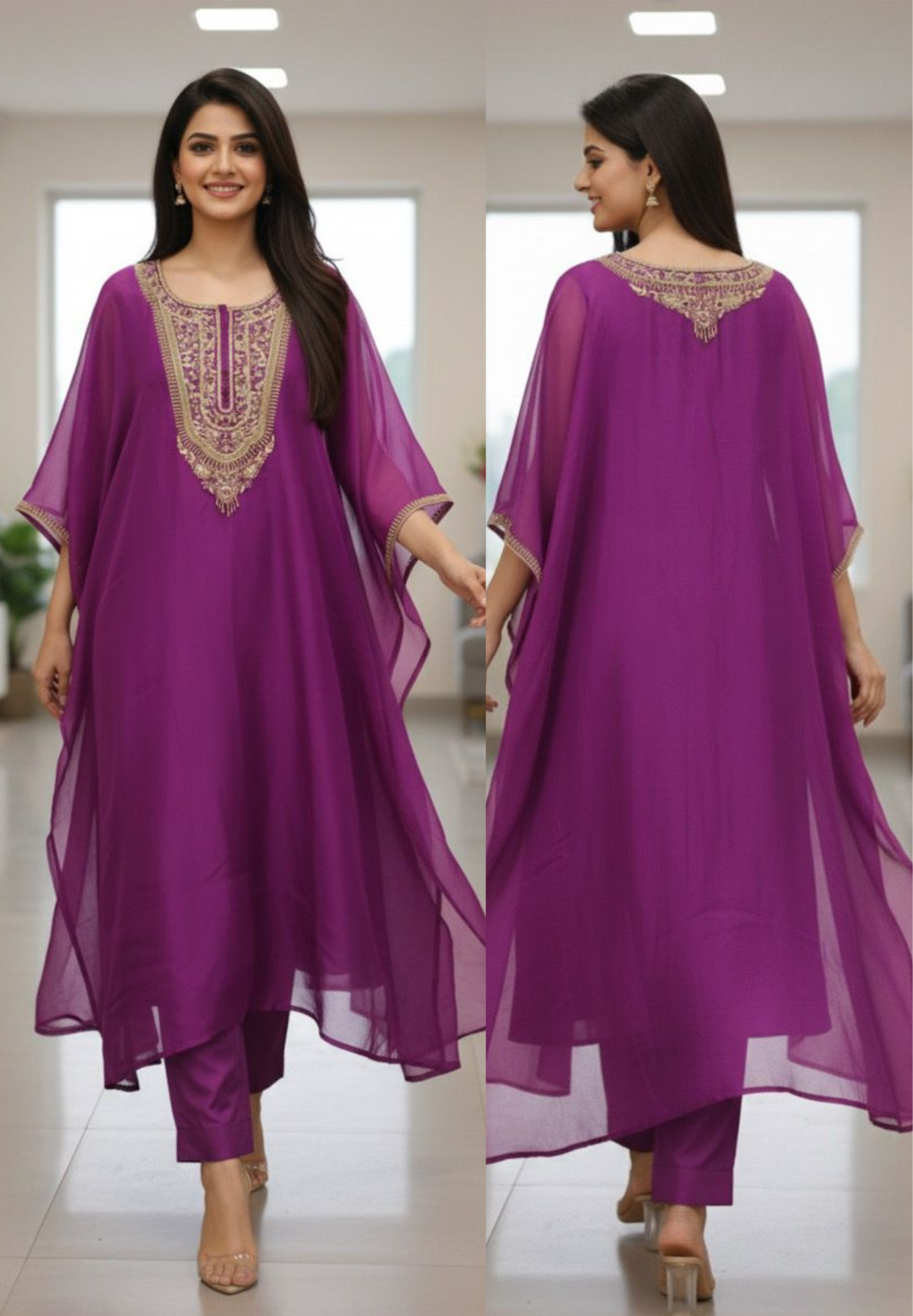 Vibrant Tone Premium Zardosi Crystal Hang Tissue Organza Kaftan With Crepe Inner & Simple Bottom