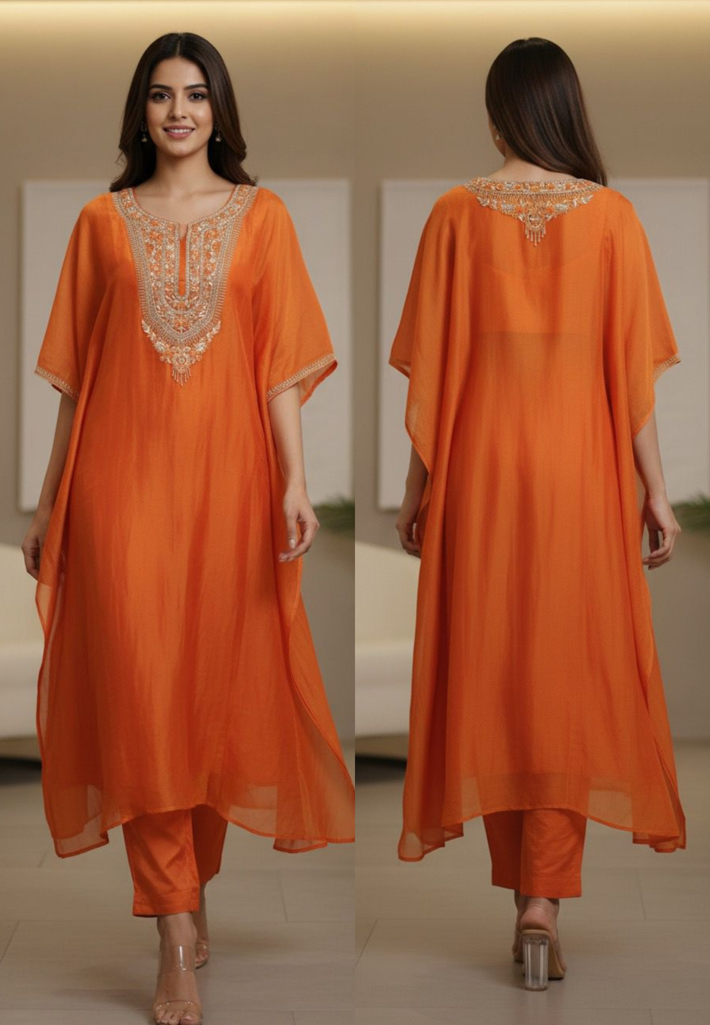 Vibrant Tone Premium Zardosi Crystal Hang Tissue Organza Kaftan With Crepe Inner & Simple Bottom