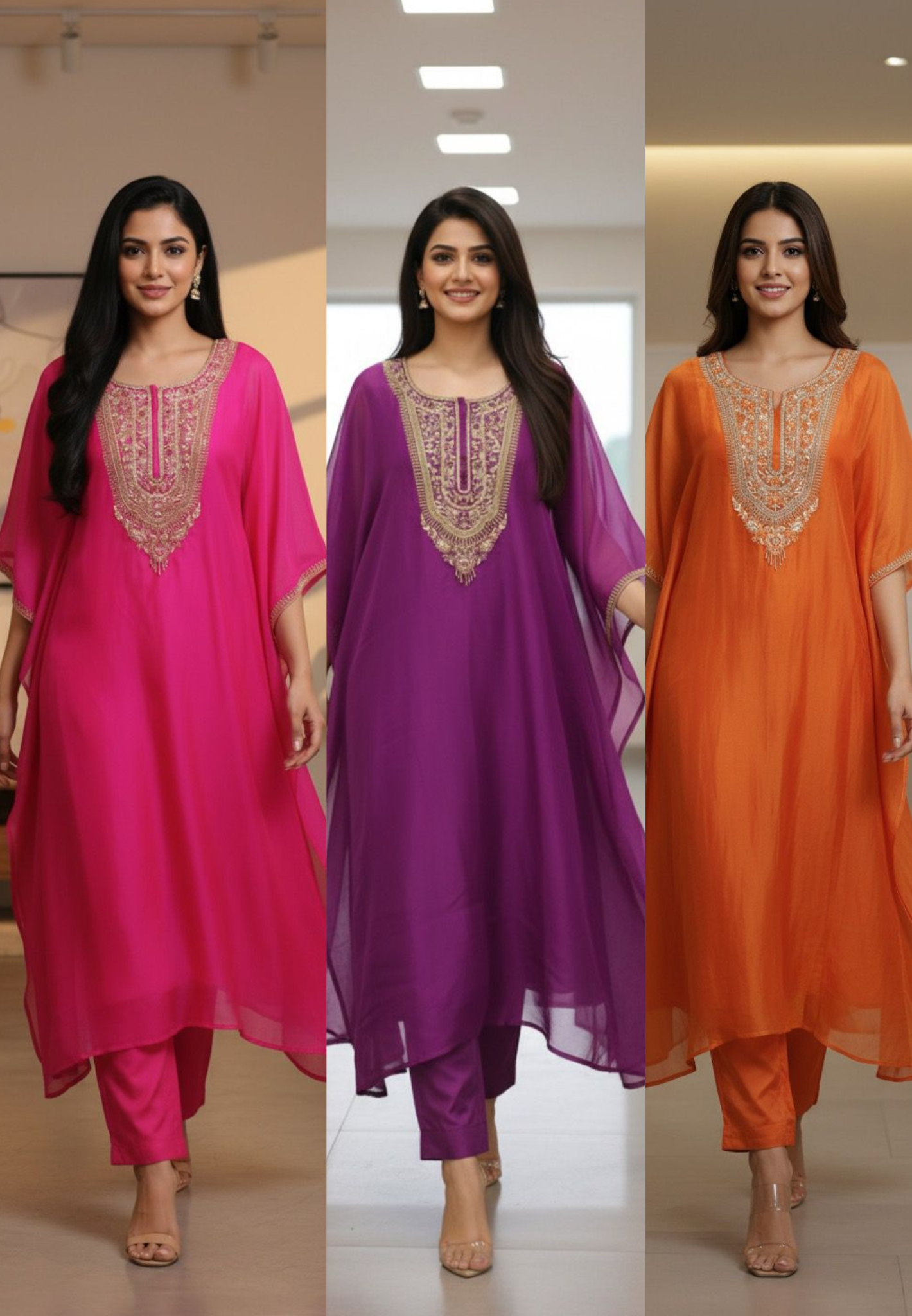 Vibrant Tone Premium Zardosi Crystal Hang Tissue Organza Kaftan With Crepe Inner & Simple Bottom