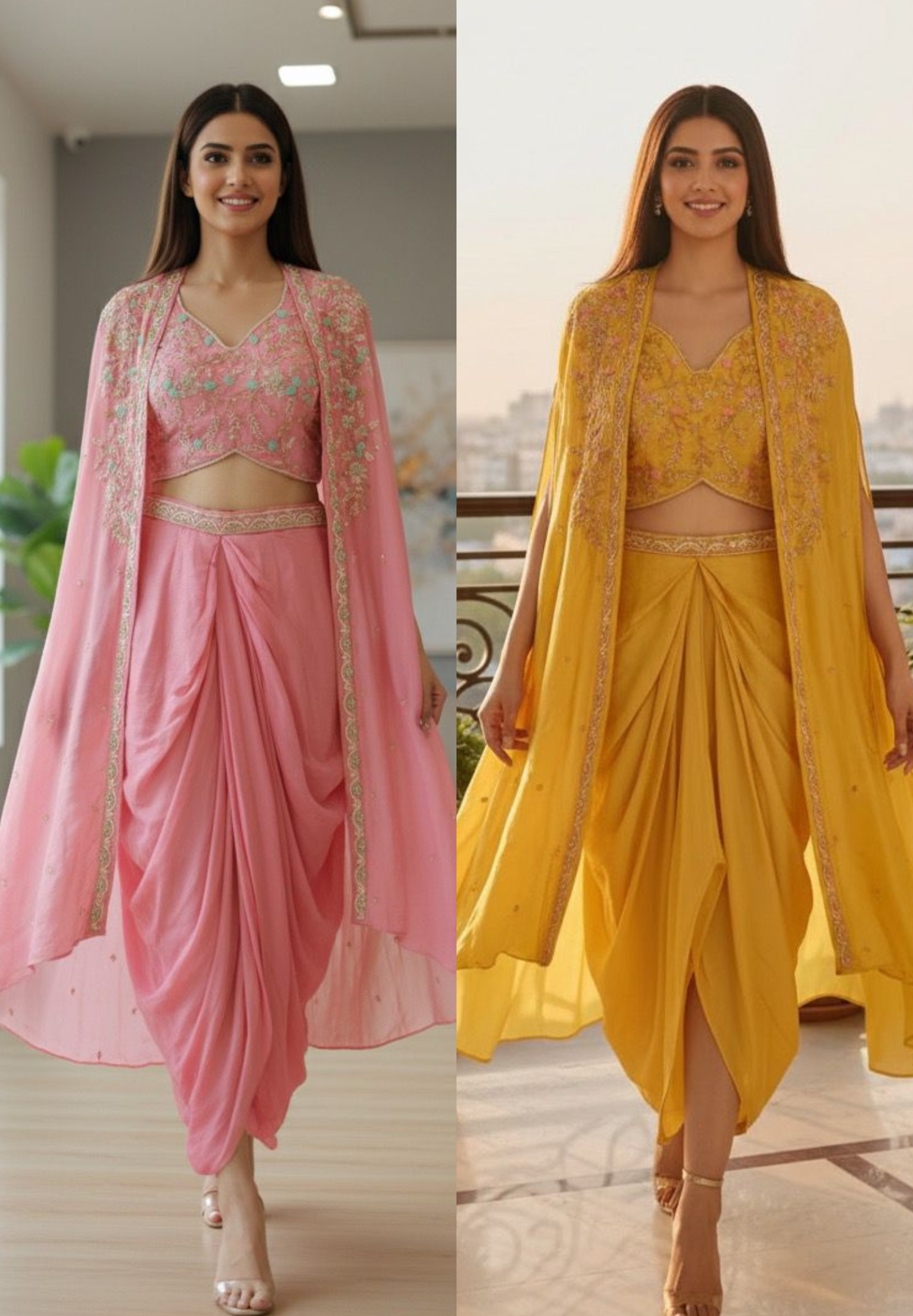 Heavily Hand Worked Crepe Shrug With Padded Crop Top & Drape Skirt In Chinon Fabric- 11561, 11562