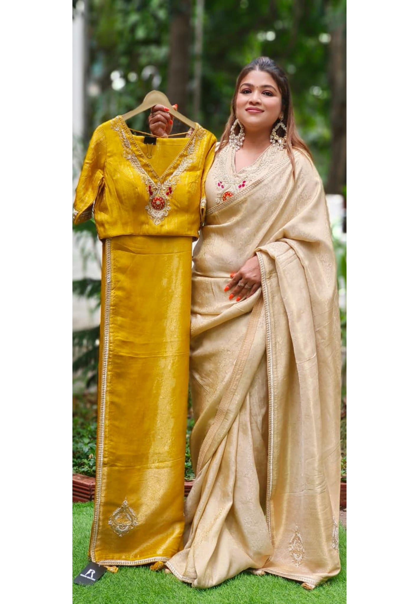 Hand Embroidery With Rajasthani Look Jewelry Work Blouse Ready To Wear Designer Saree In Silk Brocade Fabric