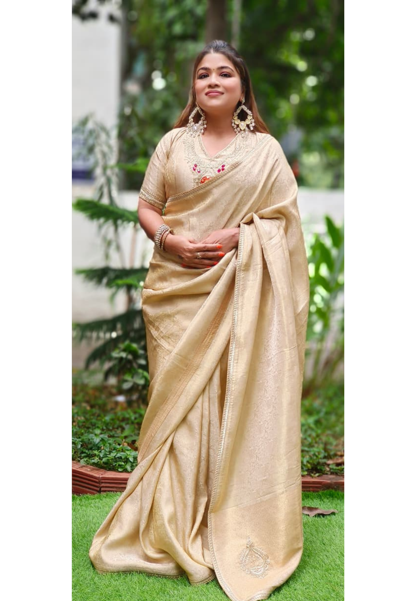Hand Embroidery With Rajasthani Look Jewelry Work Blouse Ready To Wear Designer Saree In Silk Brocade Fabric
