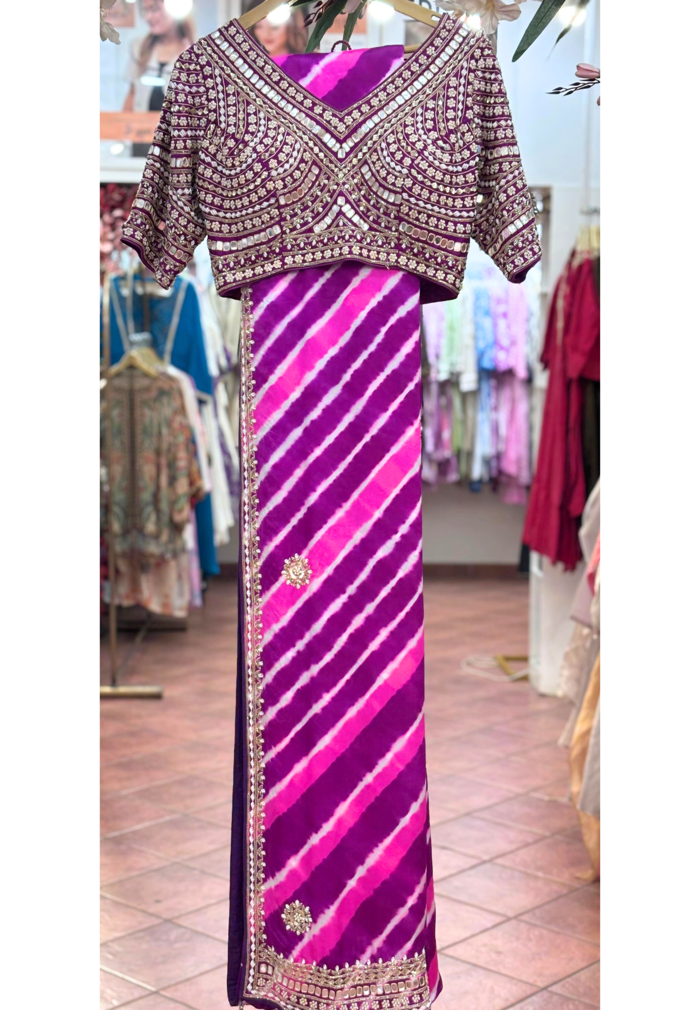 Beautifully V-Necked Heavy Handwork Blouse With Very Flowy Leheriya Designer Saree