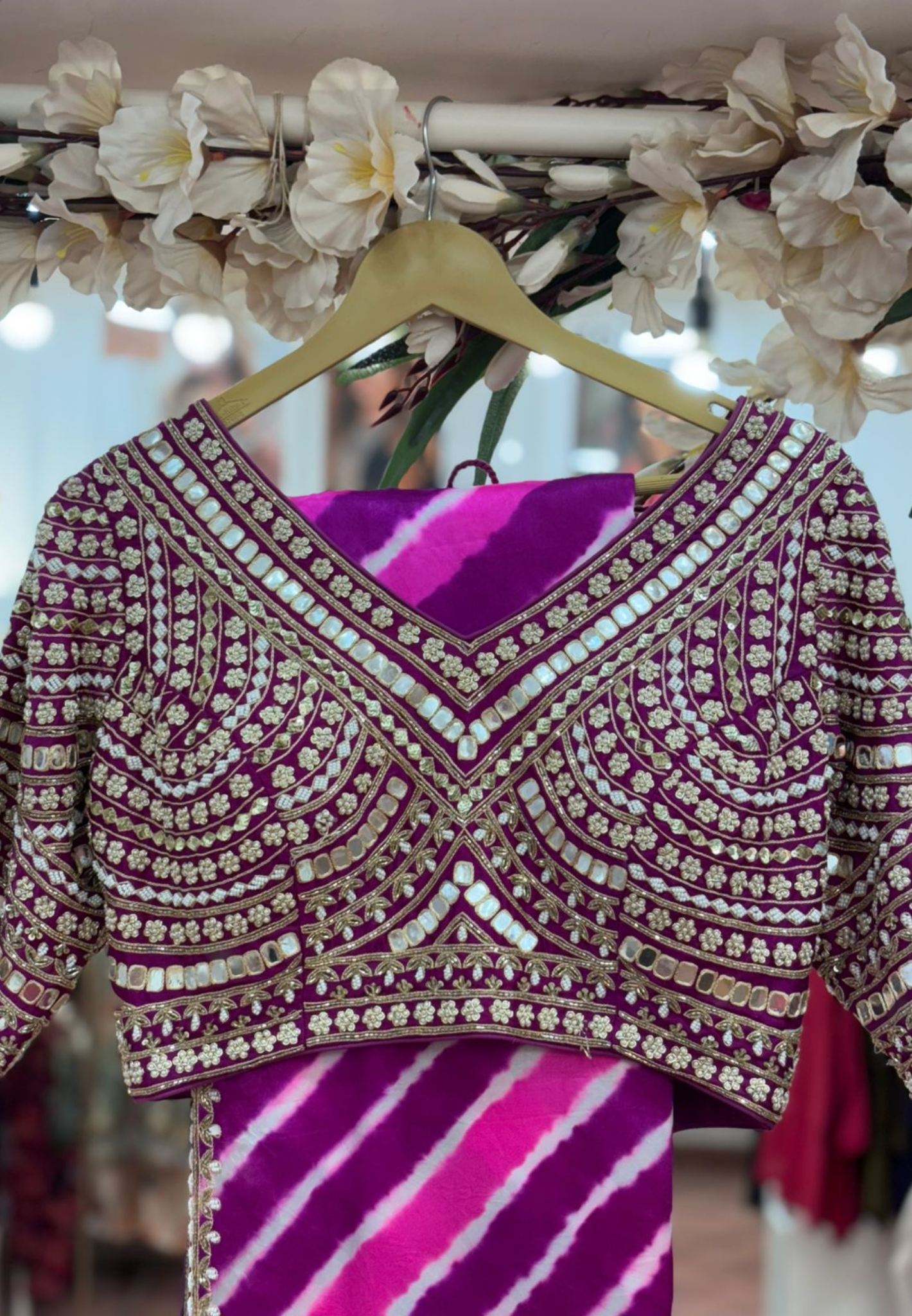 Beautifully V-Necked Heavy Handwork Blouse With Very Flowy Leheriya Designer Saree
