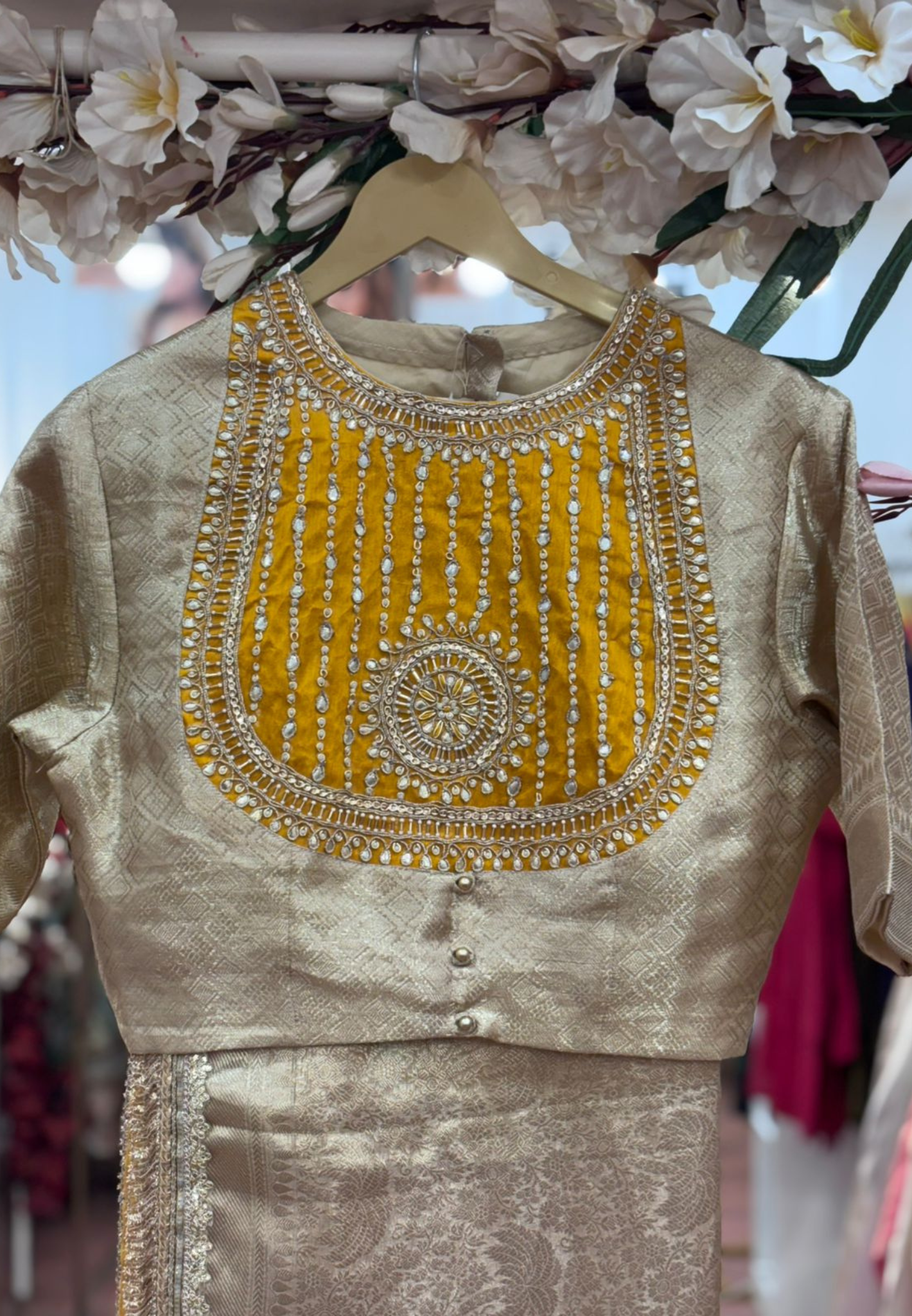 Beautiful Yoke High Neck Blouse Designer Ready To Wear Saree In Silk Fabric
