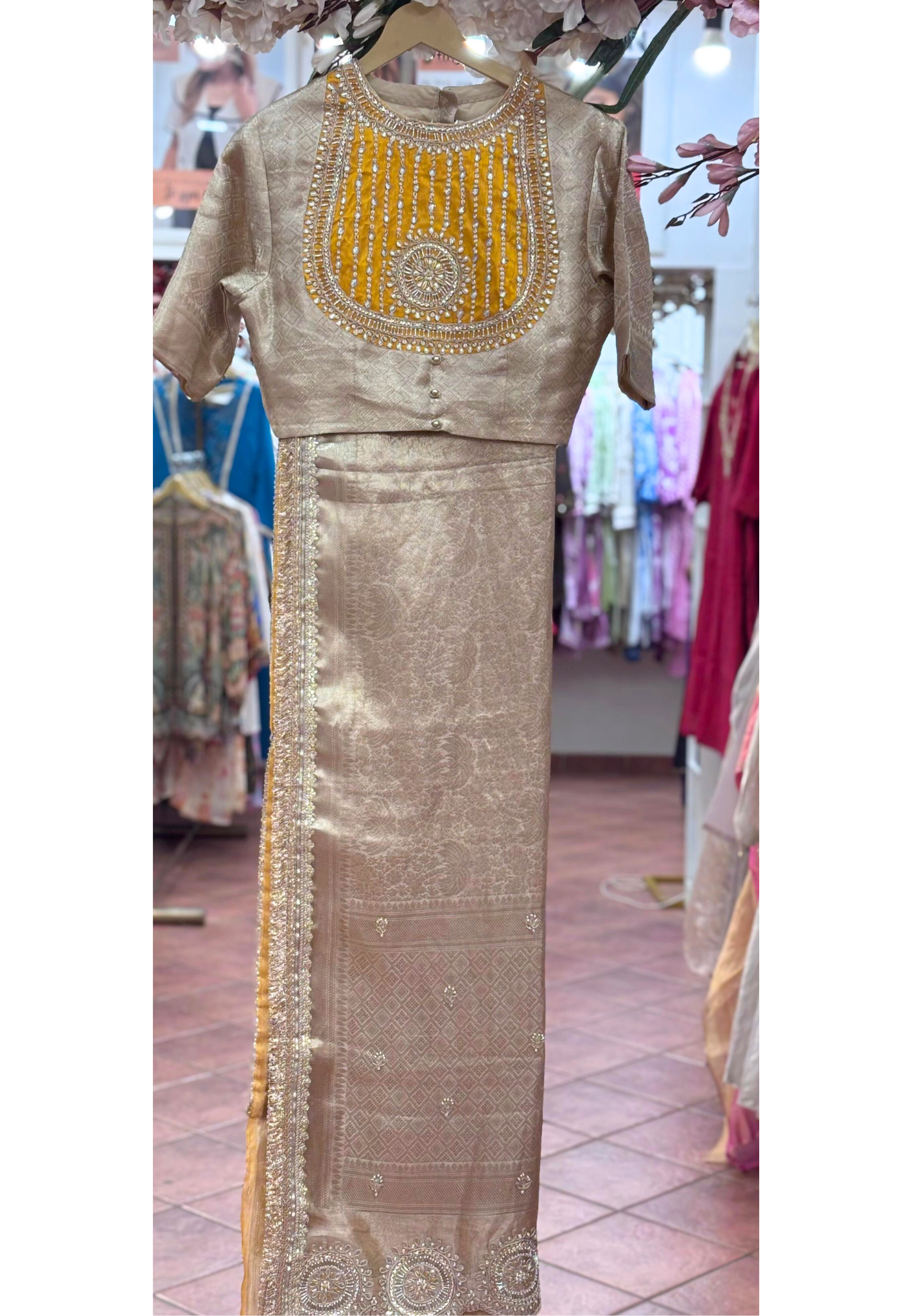 Beautiful Yoke High Neck Blouse Designer Ready To Wear Saree In Silk Fabric