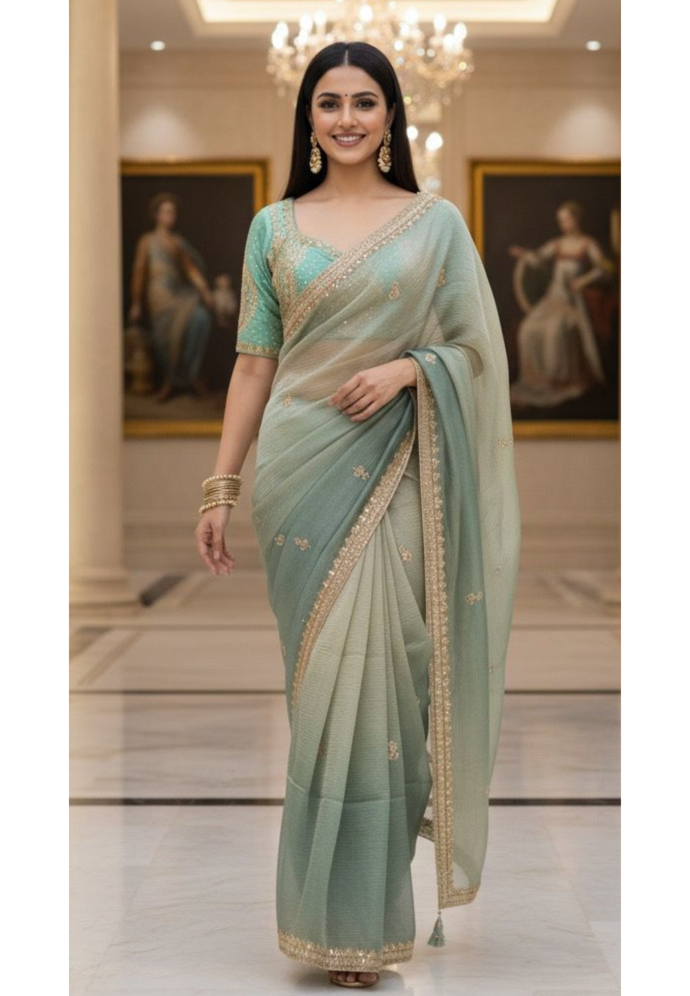 Very Pretty Hand Worked Deep Back Blouse Designer Saree In Crush Tissue Fabric