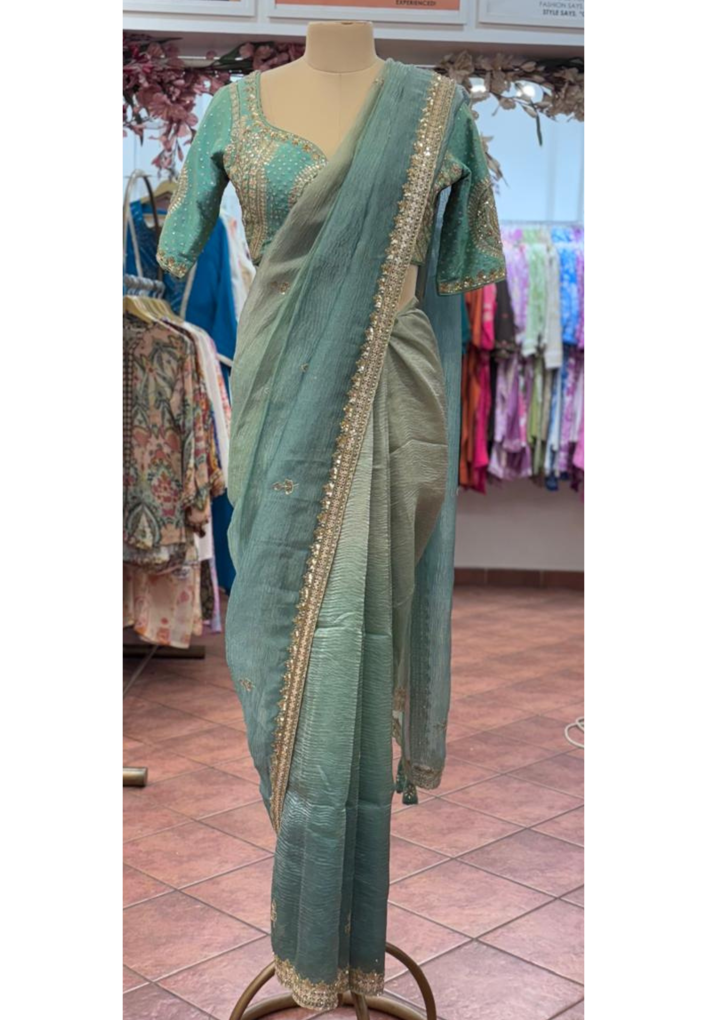 Very Pretty Hand Worked Deep Back Blouse Designer Saree In Crush Tissue Fabric