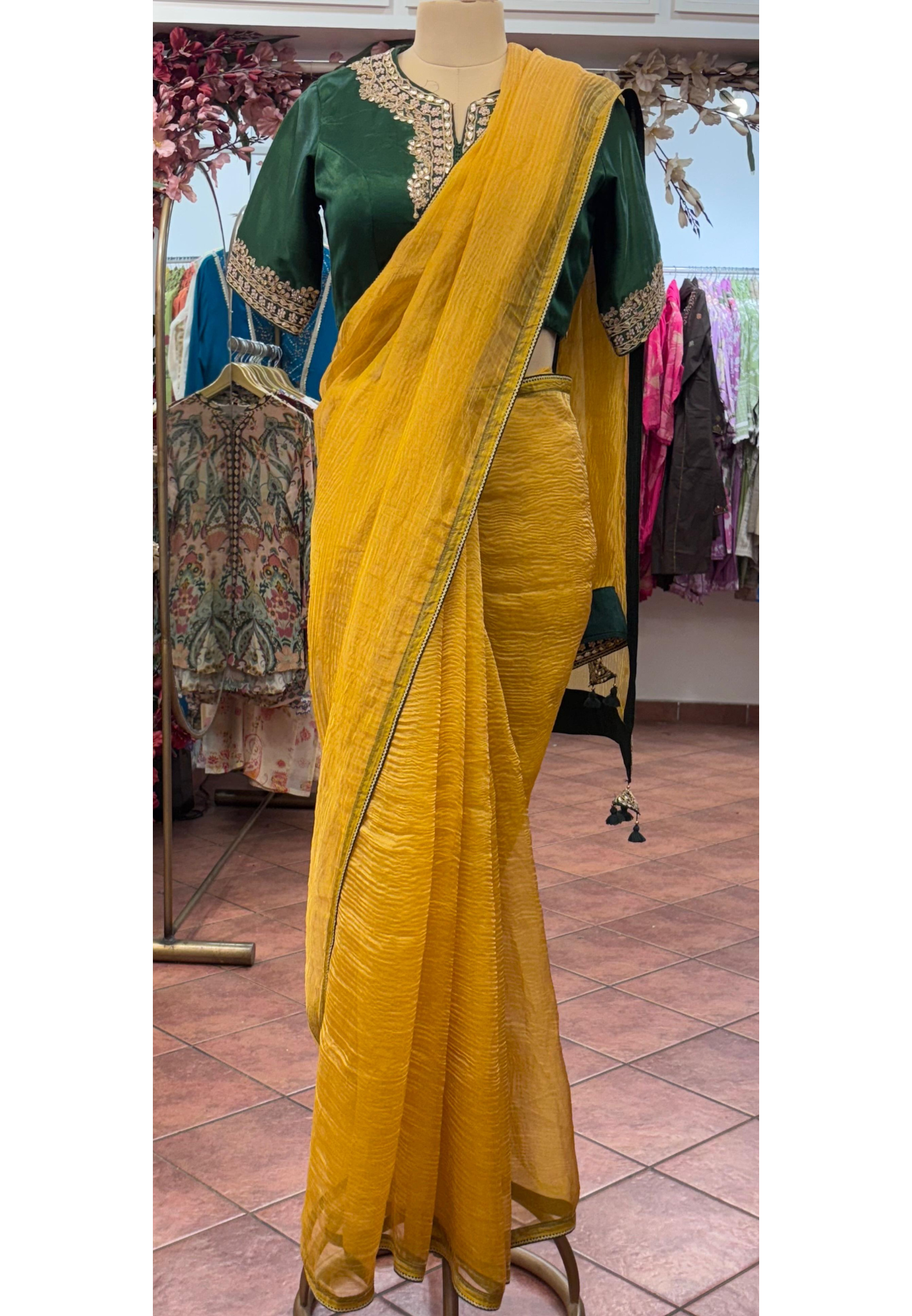 Minimal Bordered Beautiful Ready To Wear Designer Saree In Crush Tissue Fabric