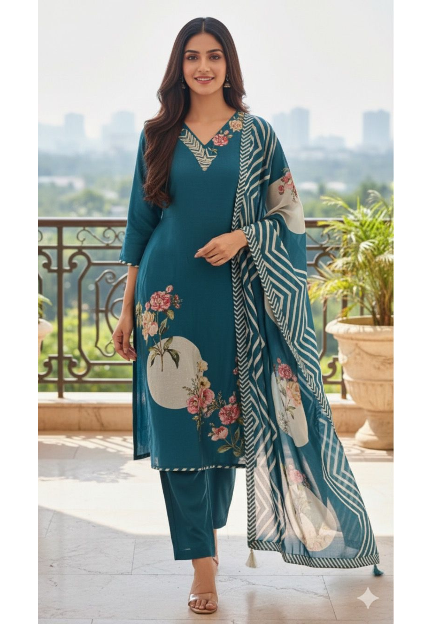 Digital Floral Print V-Necked A-Line Full Suit Set With Dupatta In Dola Silk Fabric- 11572