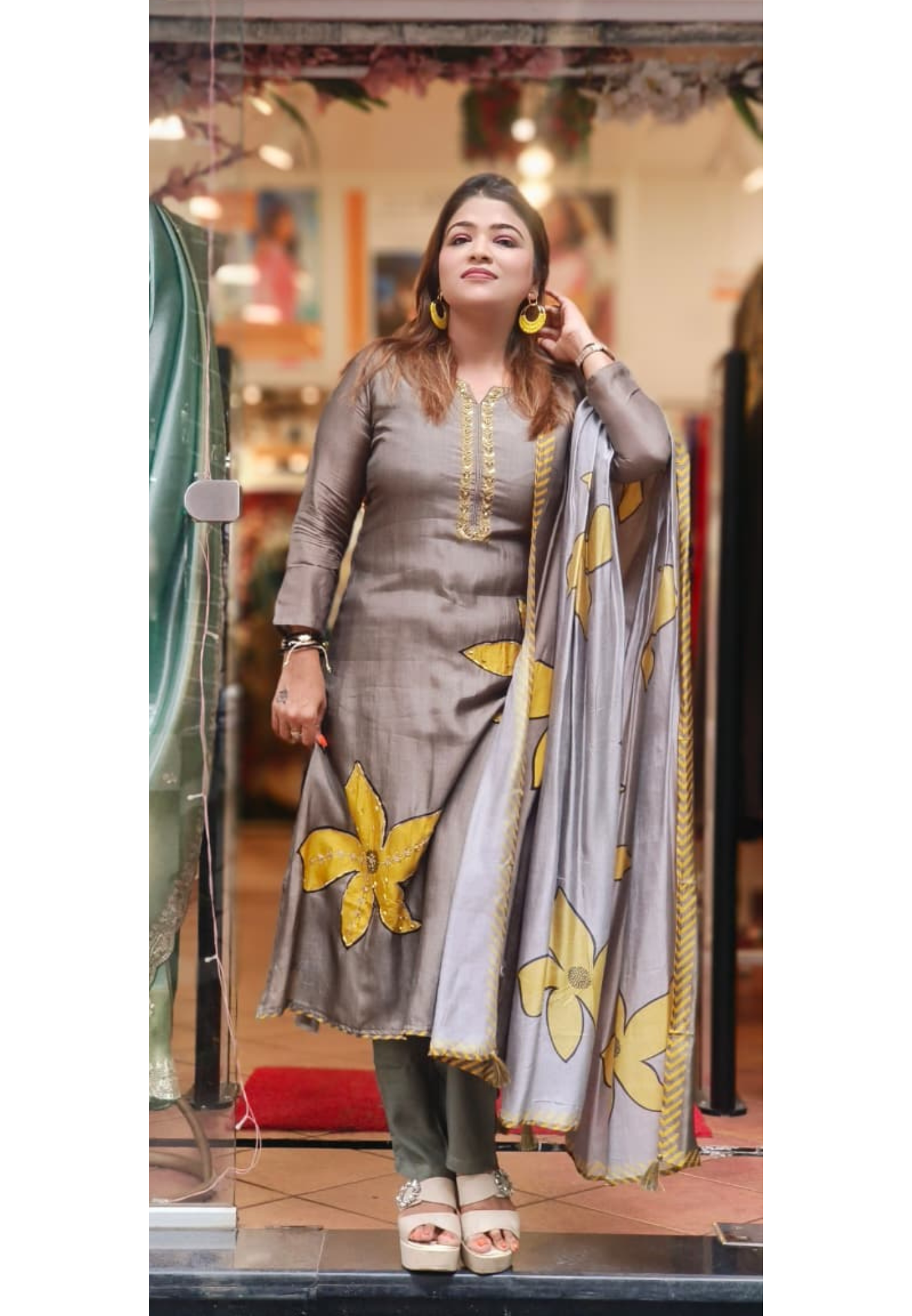 Digital Floral Patched With Tiny Foil Work Full Suit Set With Dupatta In Dola Silk Fabric- 11514