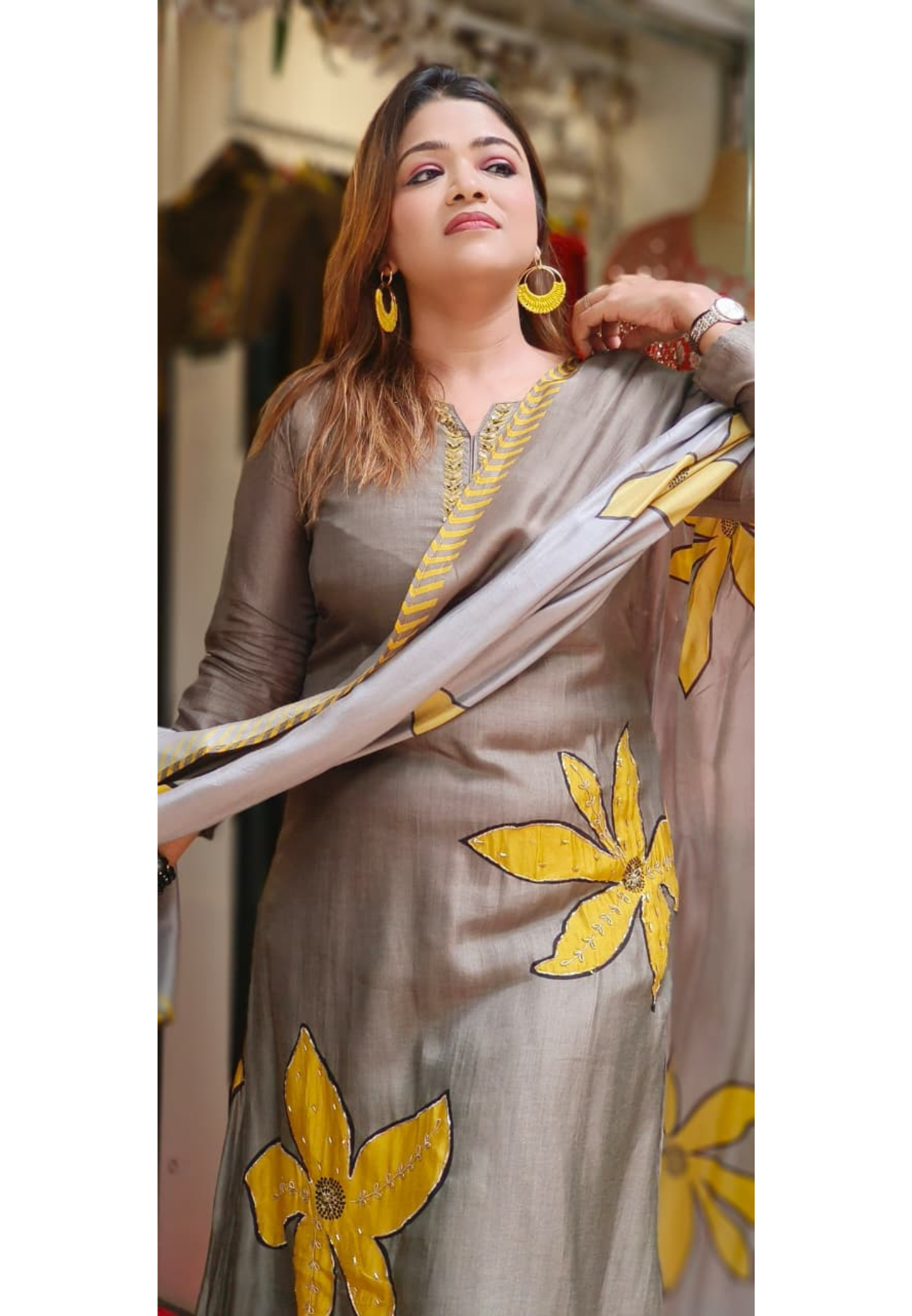 Digital Floral Patched With Tiny Foil Work Full Suit Set With Dupatta In Dola Silk Fabric- 11514