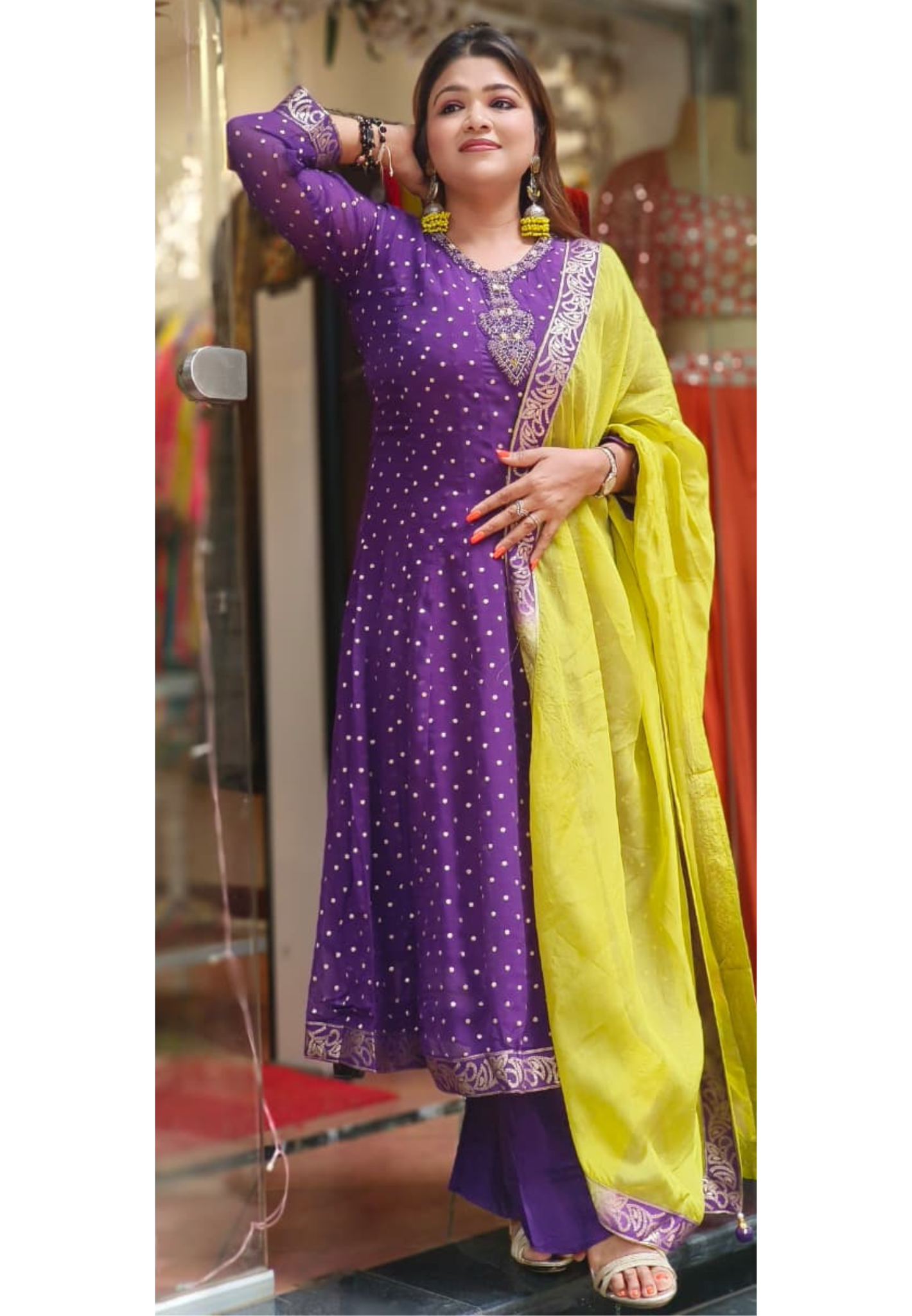 Minimal Neck Work Polka Dotted Panel Anarkali Full Suit Set With Dupatta In Organza Fabric