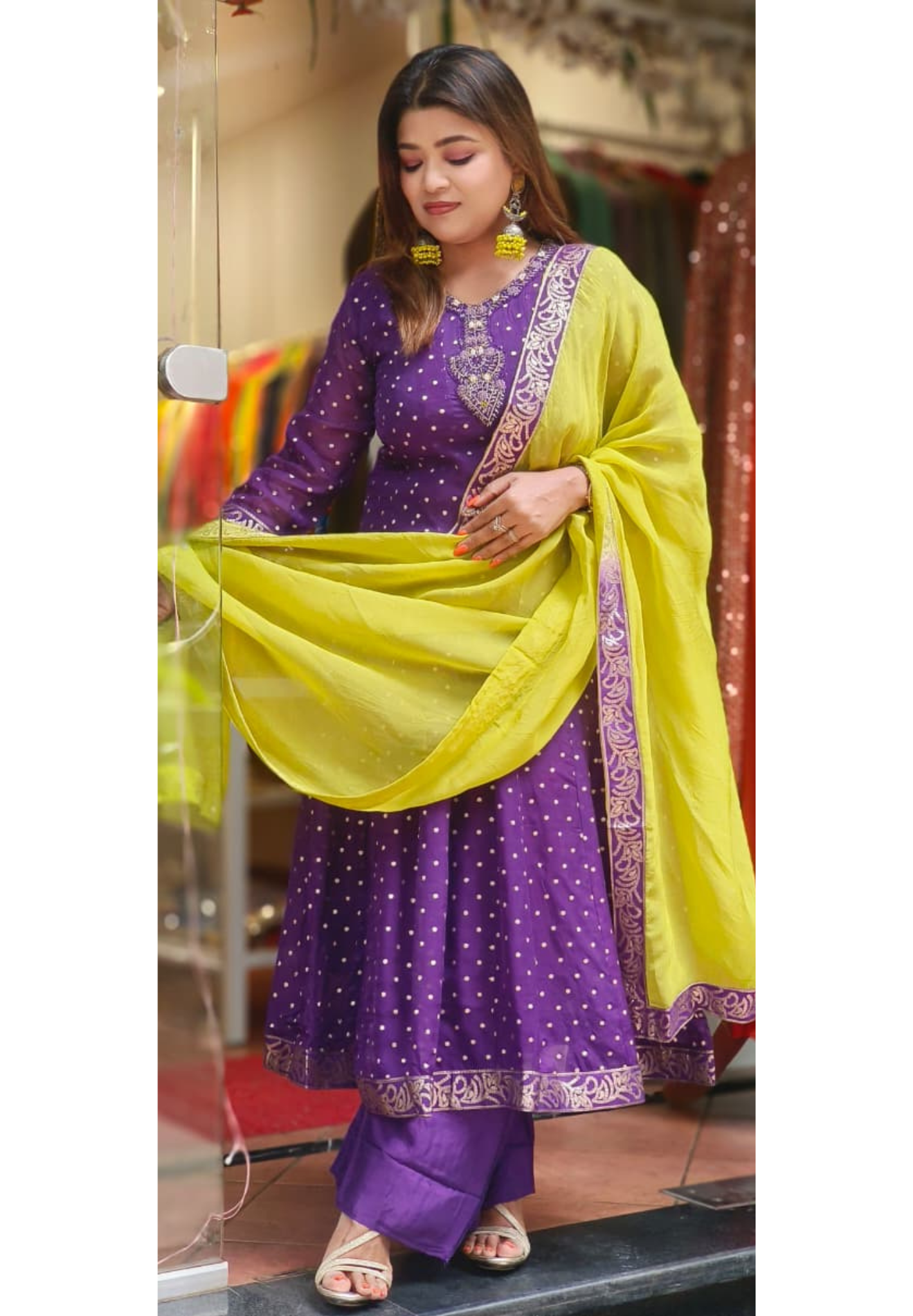 Minimal Neck Work Polka Dotted Panel Anarkali Full Suit Set With Dupatta In Organza Fabric