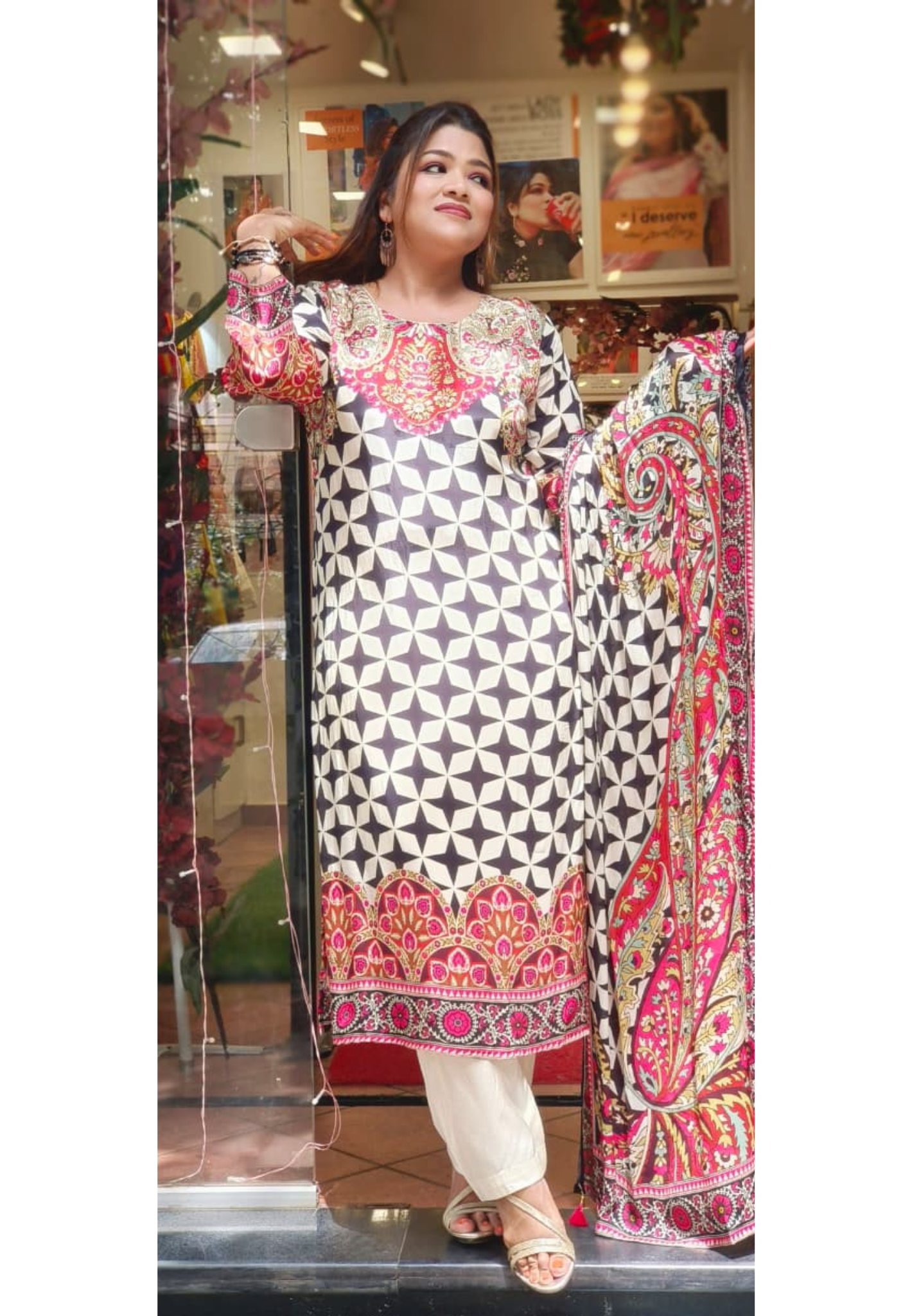 Very Unique Multicolor Work Abstract Print Full Suit Set With Dupatta In Crepe Fabric