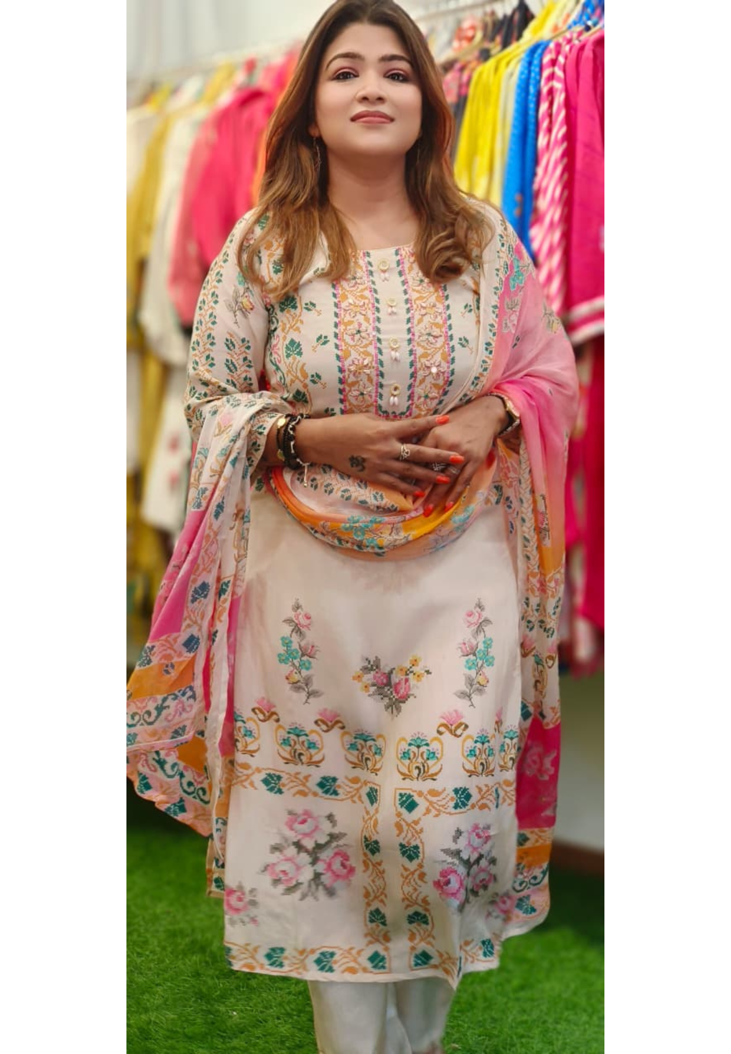 Colorful Embroidery Look Meadow Full Suit Set With Dupatta In Crepe Fabric