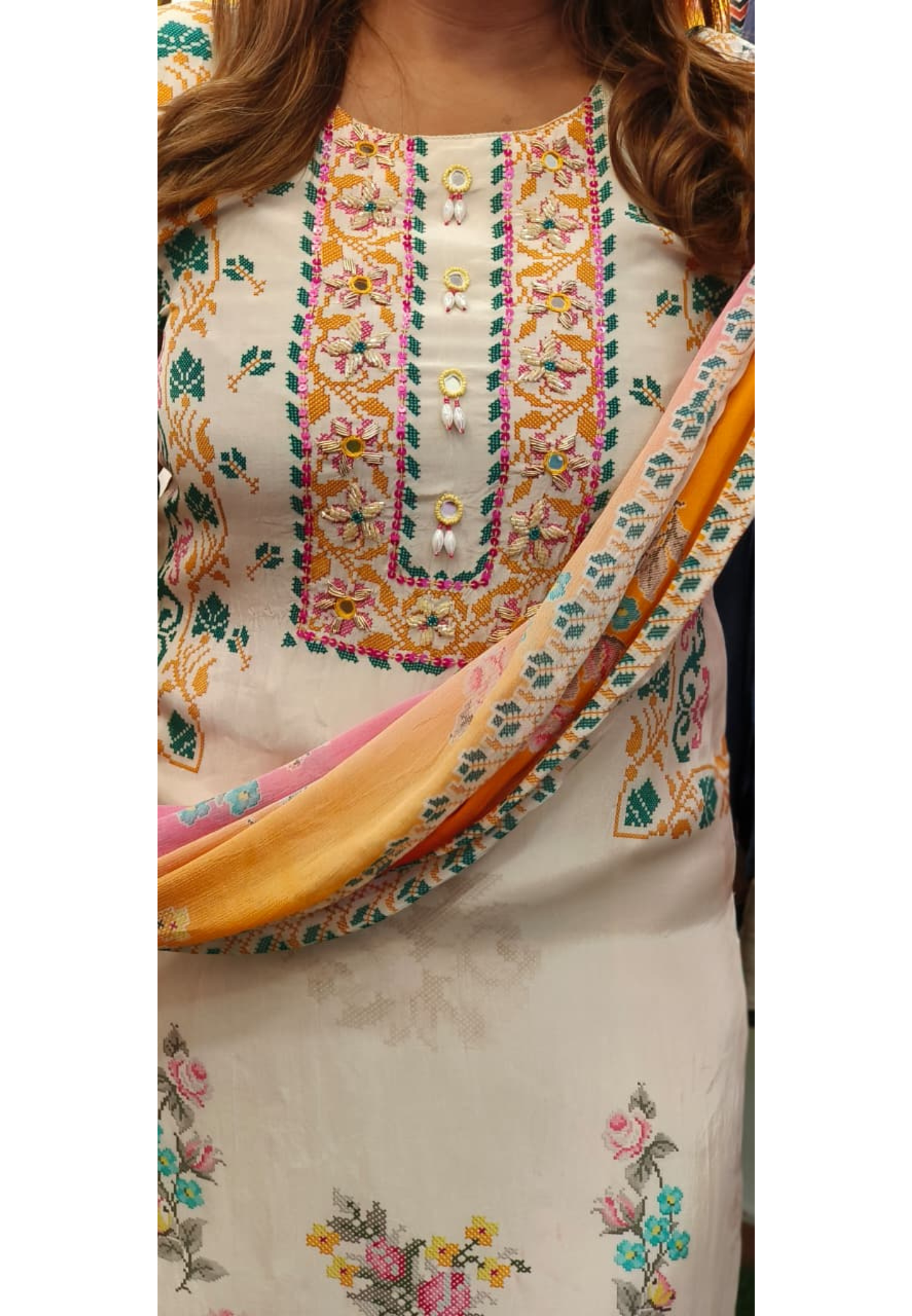 Colorful Embroidery Look Meadow Full Suit Set With Dupatta In Crepe Fabric