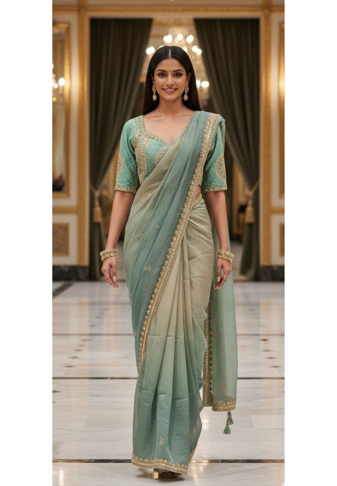 Very Pretty Hand Worked Deep Back Blouse Designer Saree In Crush Tissue Fabric