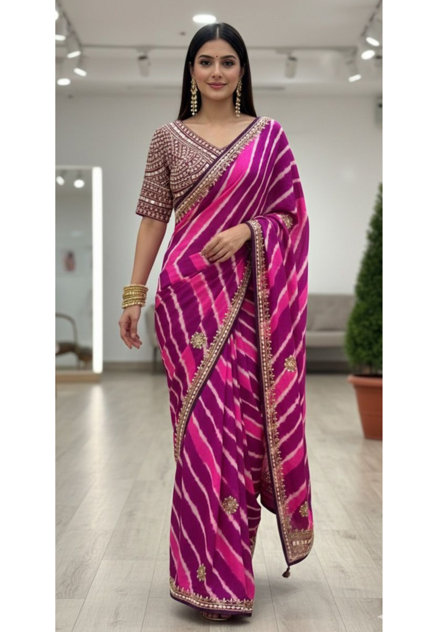 Beautifully V-Necked Heavy Handwork Blouse With Very Flowy Leheriya Designer Saree