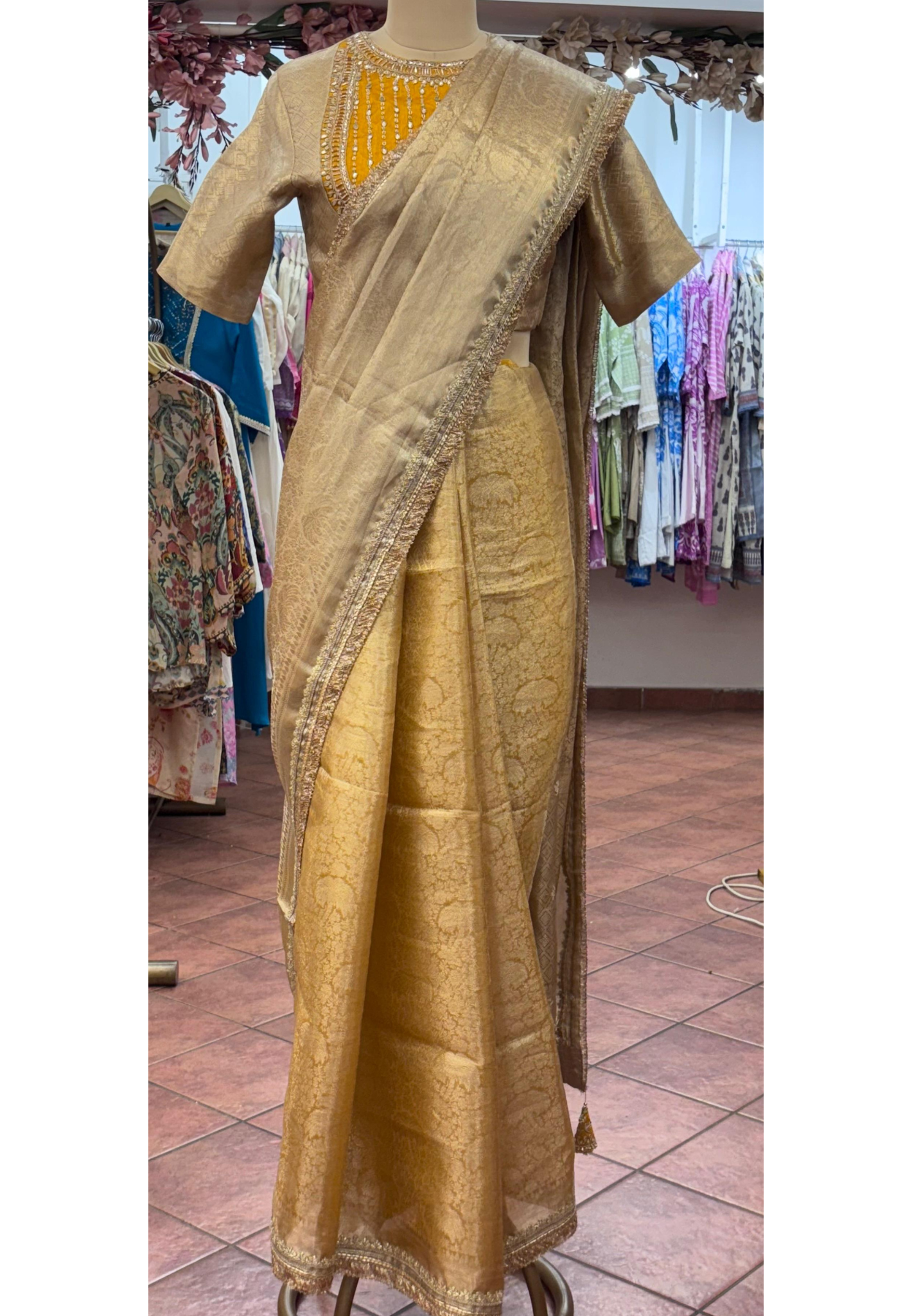 Beautiful Yoke High Neck Blouse Designer Ready To Wear Saree In Silk Fabric