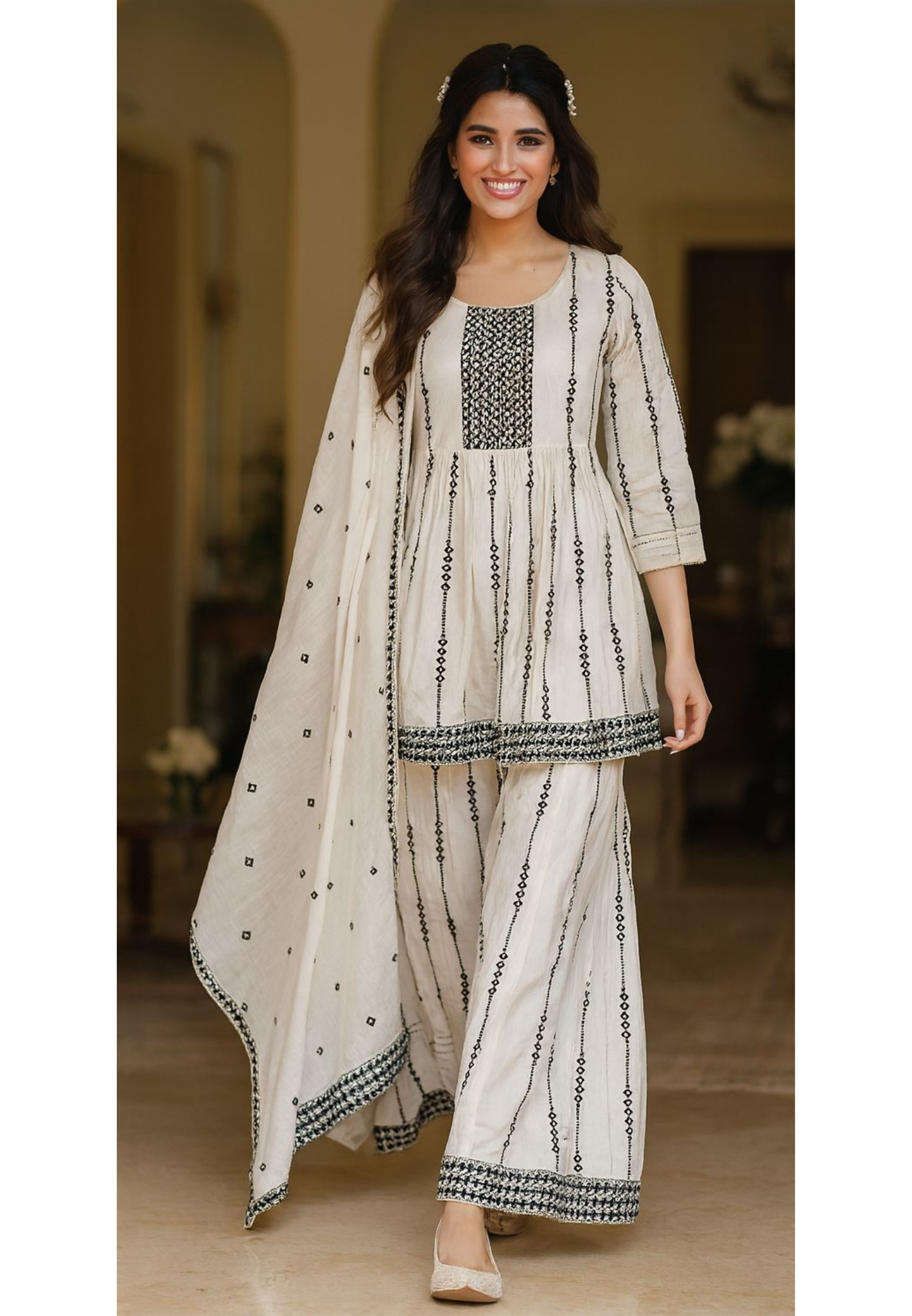 Beautiful White and black thread embroidery Front Slit peplum kurta with pant full suit-05814