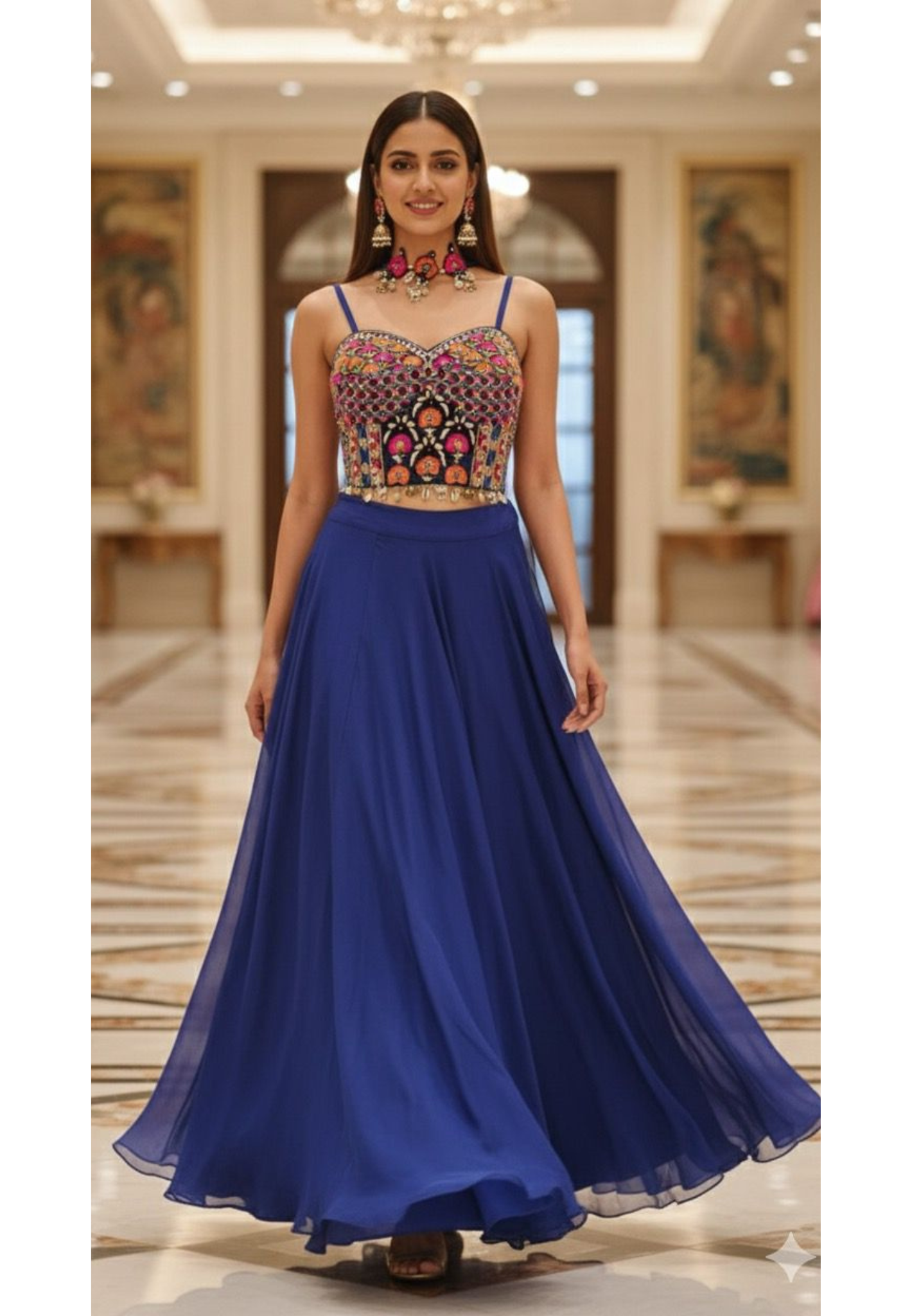 Royal Blue Flared Skirt & Multicolour Embroidered Crop Top With Choker Dupatta Set