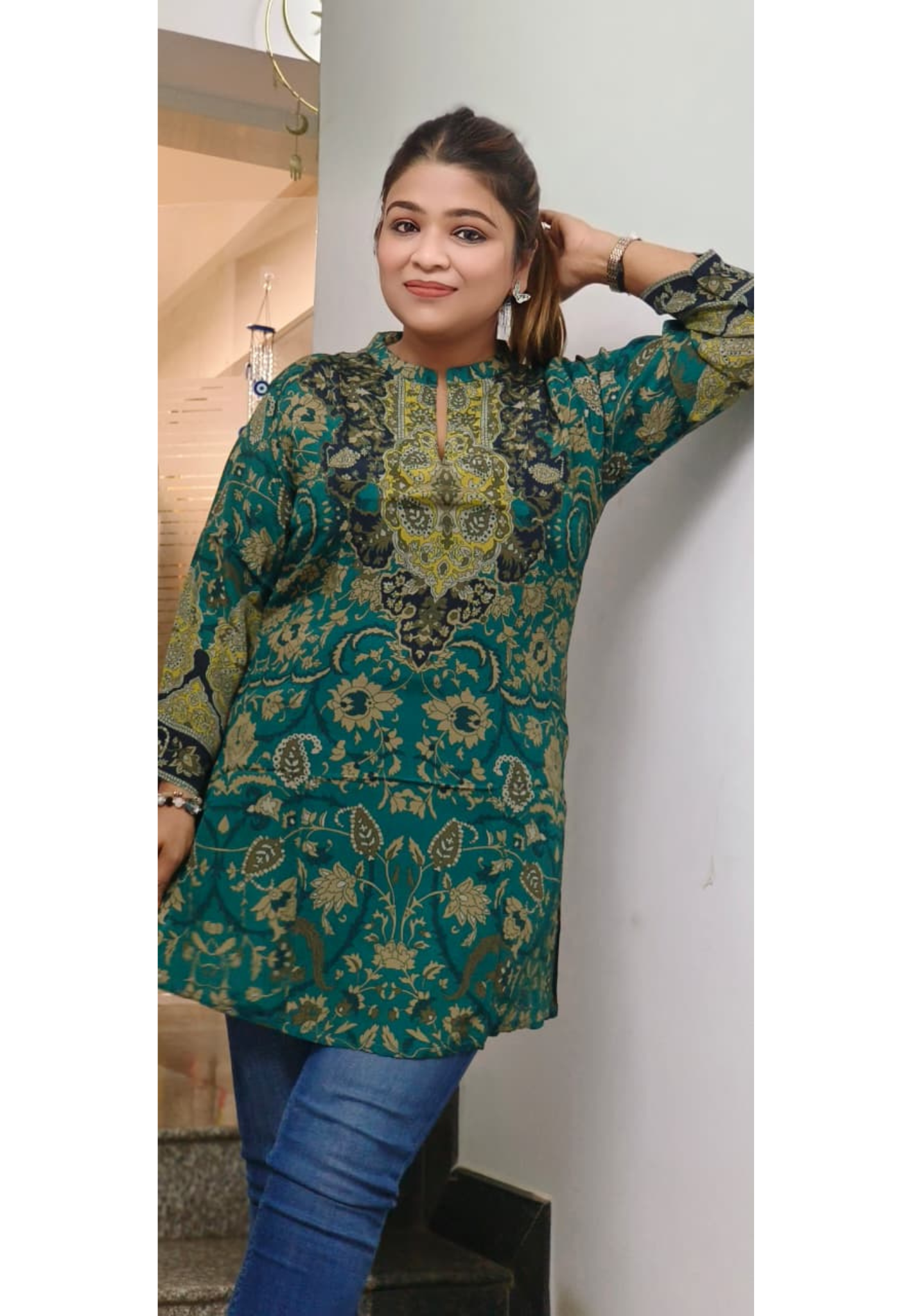 Vintage Patterned Multicolor Short Kurti Only