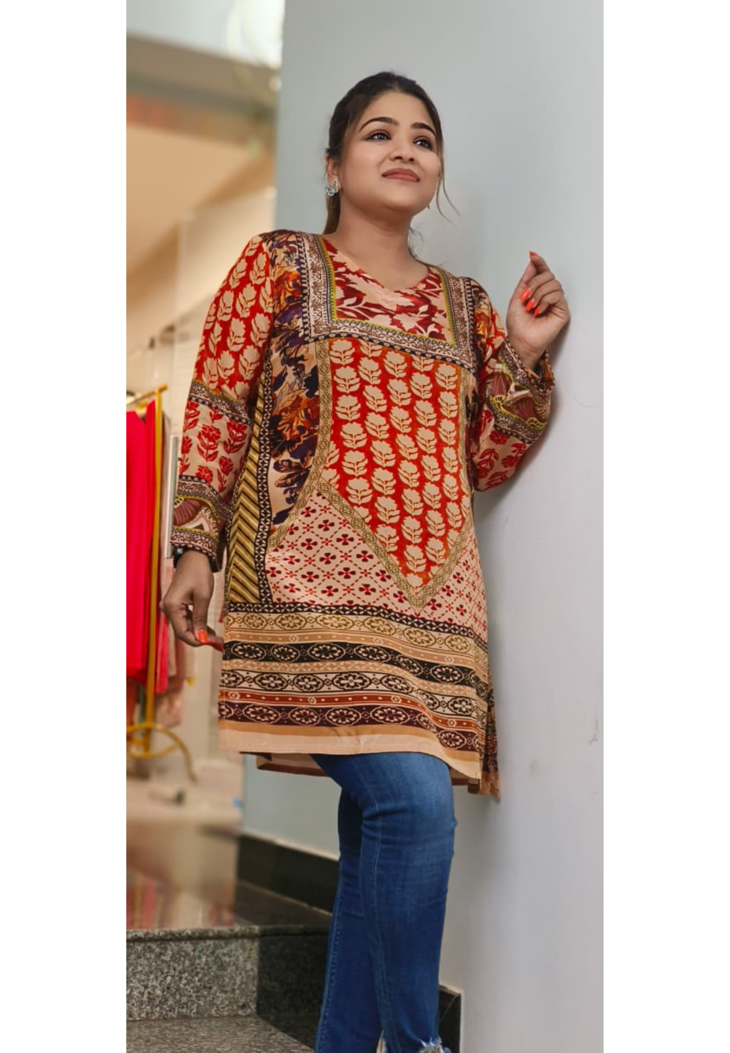 Rust Blossom Printed Motif Short Kurti Only