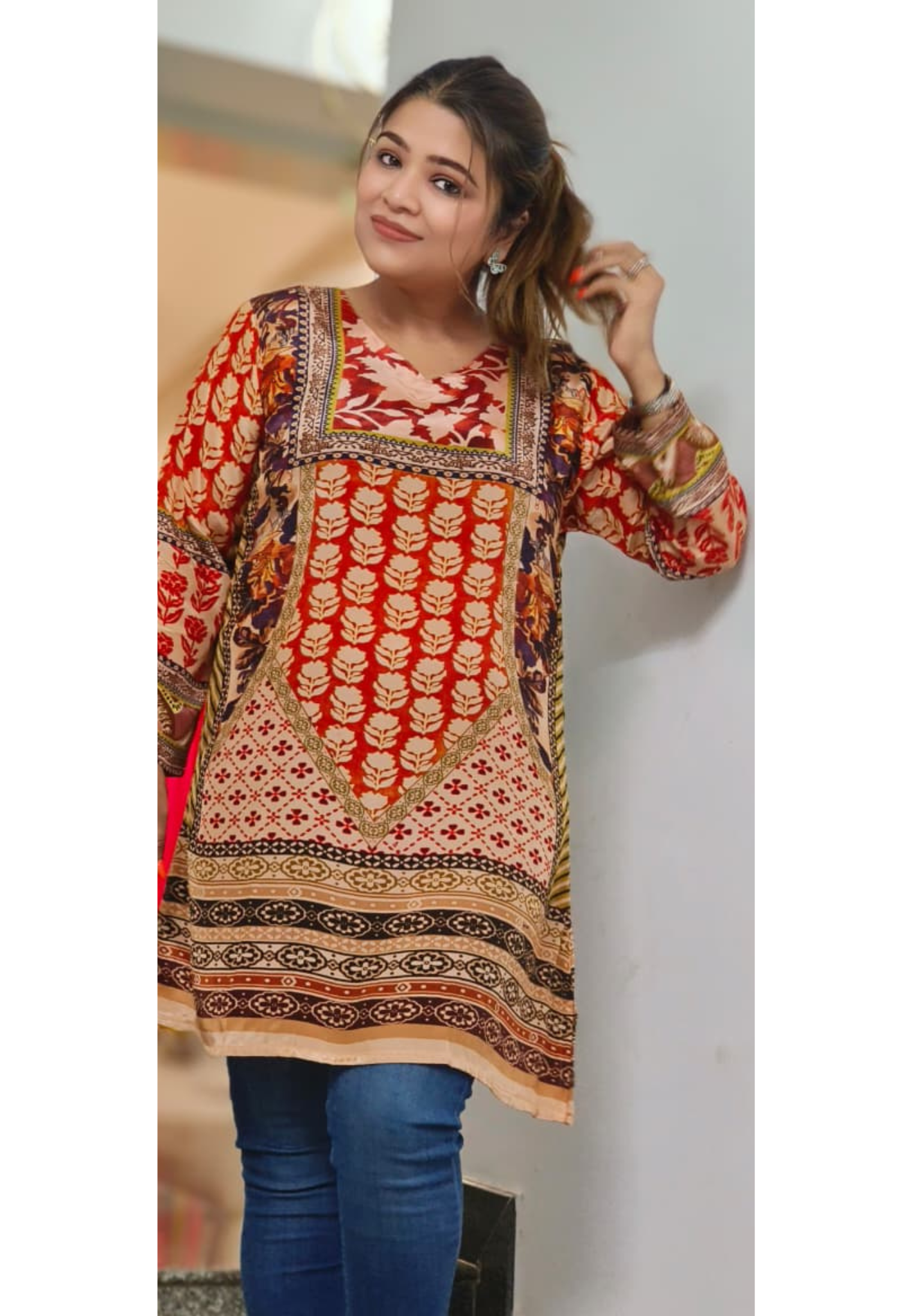 Rust Blossom Printed Motif Short Kurti Only