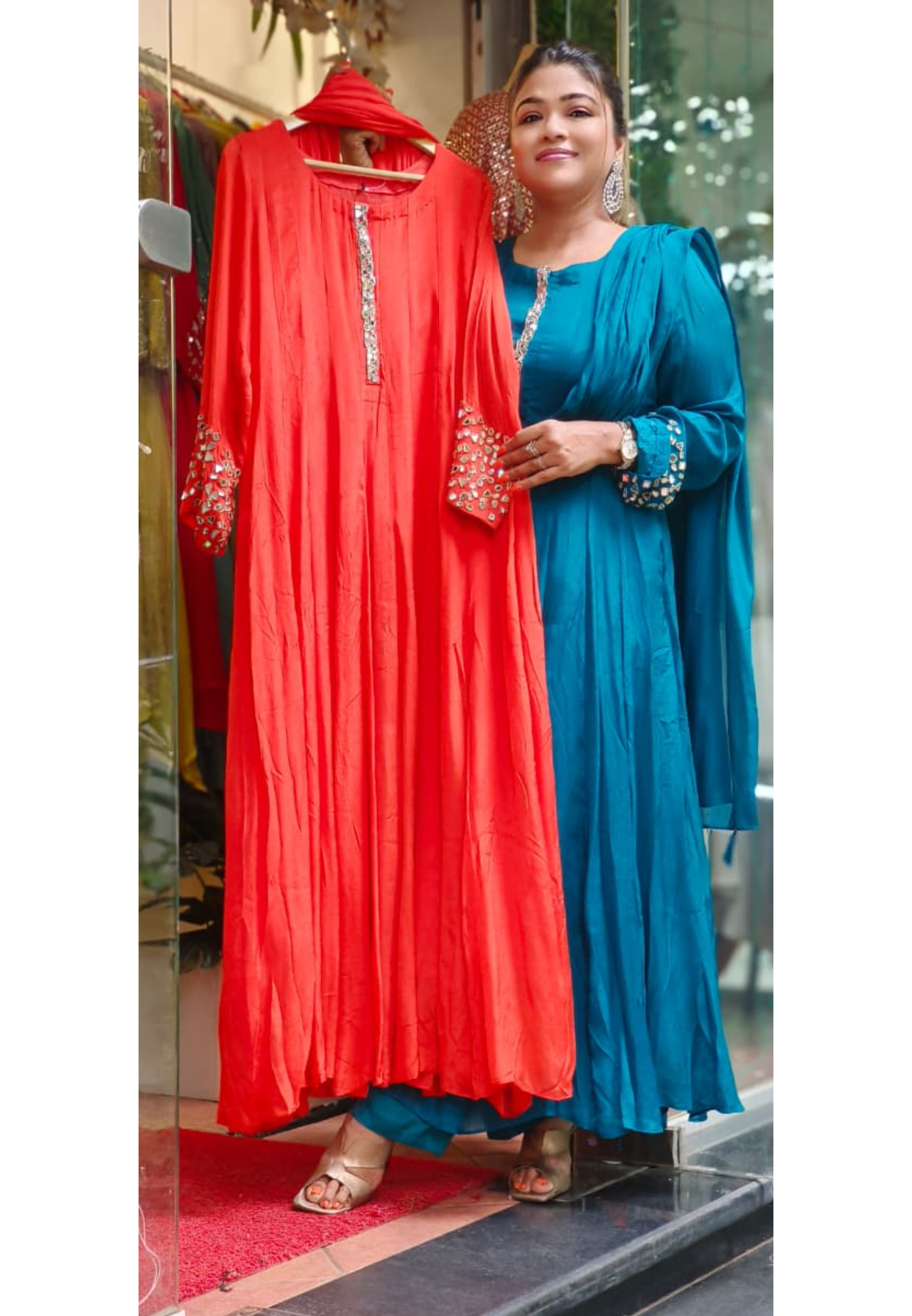 Real Mirror Placements Minimal Work Solid Panel Anarkali Full Suit Set With Dupatta In Chinon Fabric- 09145