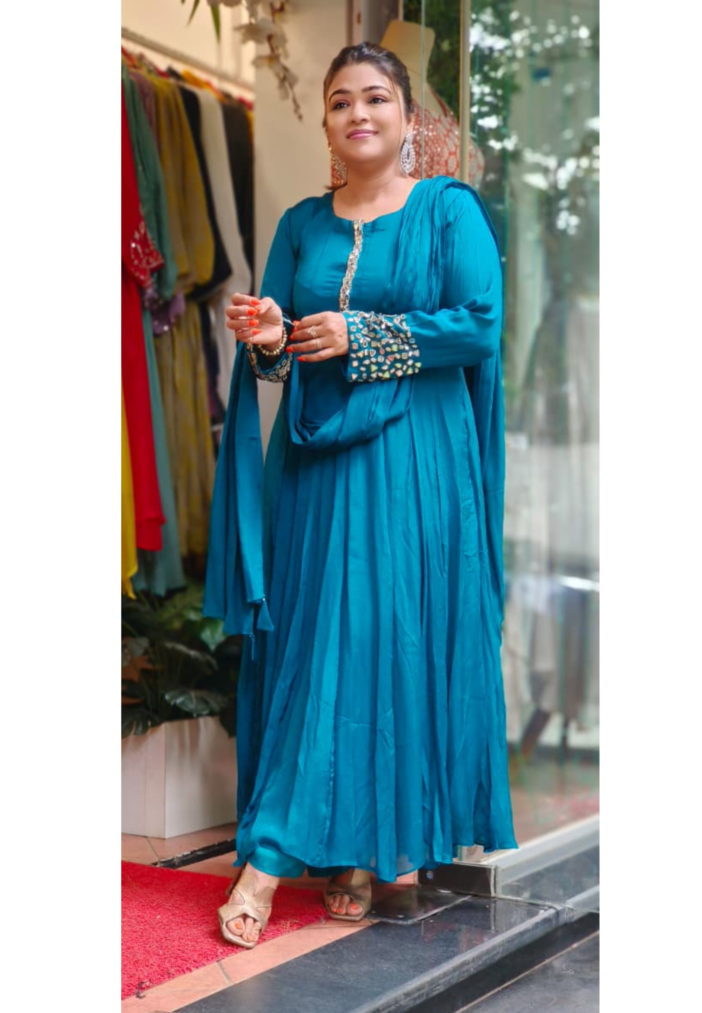Real Mirror Placements Minimal Work Solid Panel Anarkali Full Suit Set With Dupatta In Chinon Fabric- 09145
