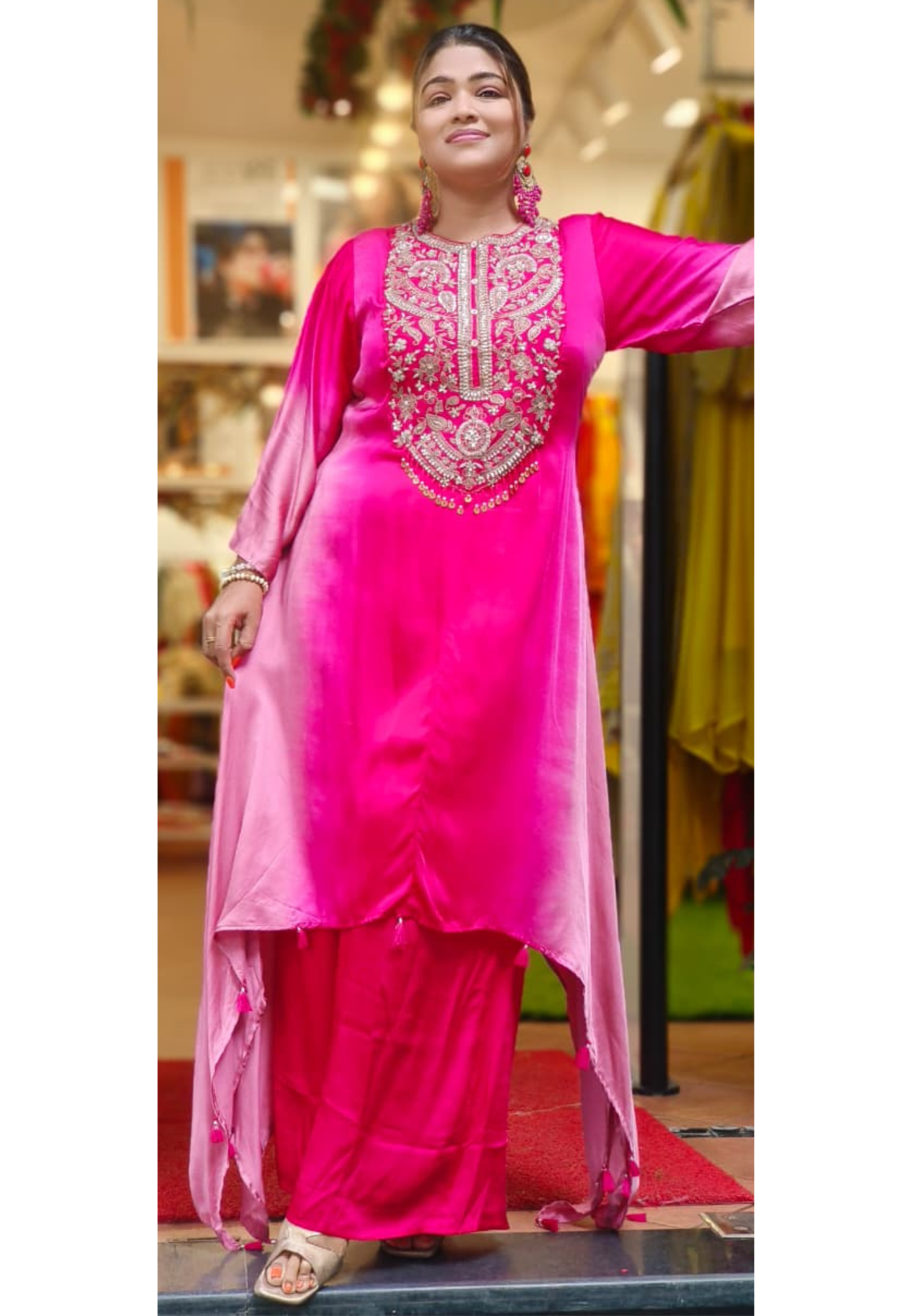 Very Beautiful Handworked Yoke With Crystal Tassel Hang Ombre Look Kurta Pant Set In Pure Gajji Satin Fabric- 11624, 11625, 11626