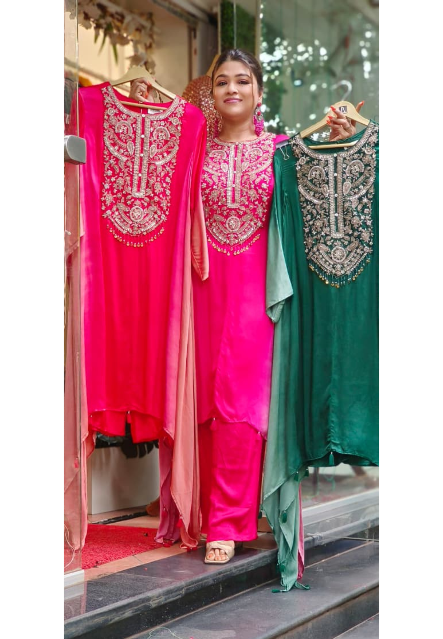 Very Beautiful Handworked Yoke With Crystal Tassel Hang Ombre Look Kurta Pant Set In Pure Gajji Satin Fabric- 11624, 11625, 11626