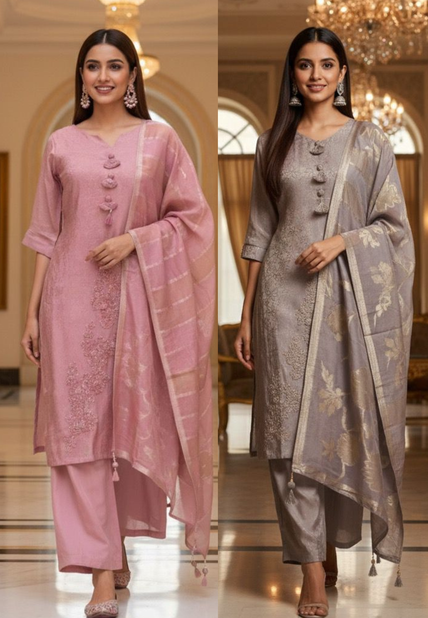 Pastel Elegance Thread Hand Work Tassel Hang Full Suit Set With Banarasi Dupatta In Tissue Fabric-11655,11656,11660