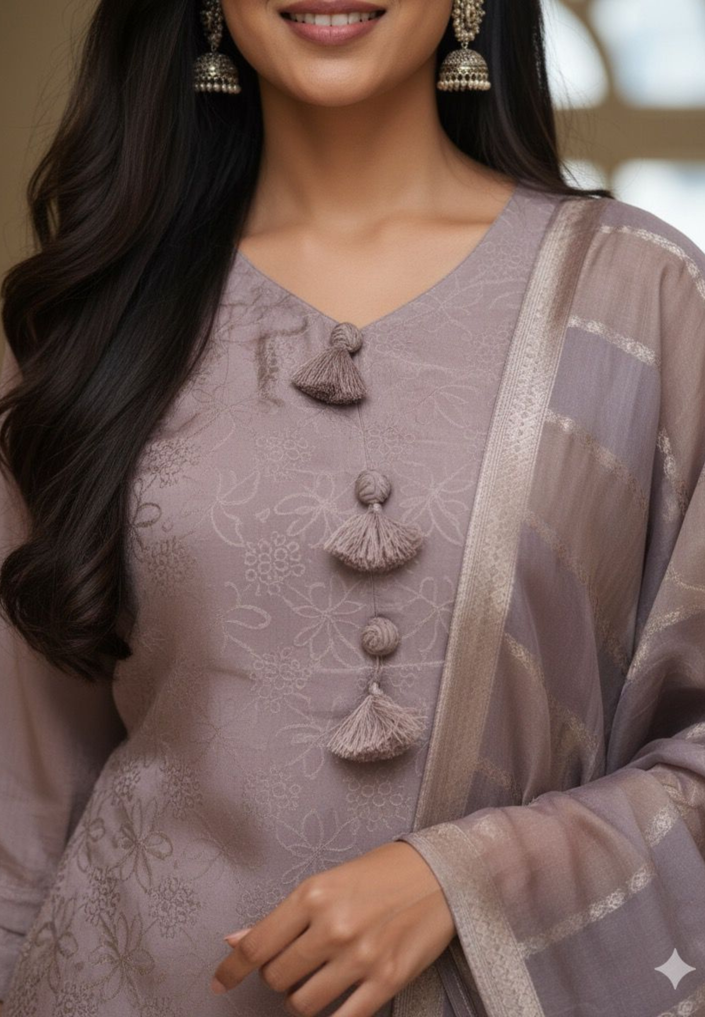 Pastel Elegance Thread Hand Work Tassel Hang Full Suit Set With Banarasi Dupatta In Tissue Fabric-11655,11656,11660