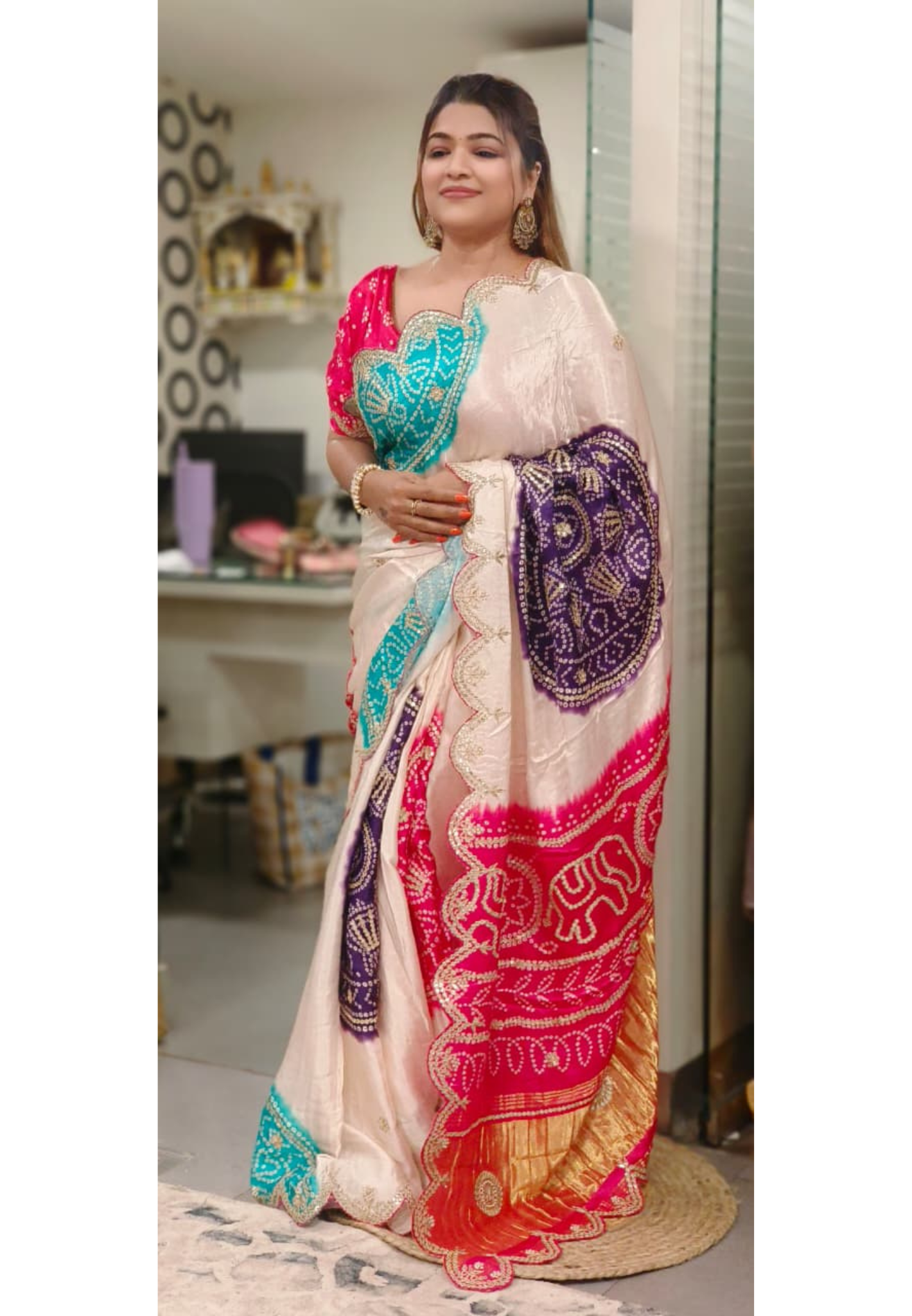 Dancing Figure & Elephant Bandhej Print Multicolor Vibrant Saree With Unstitch Blouse