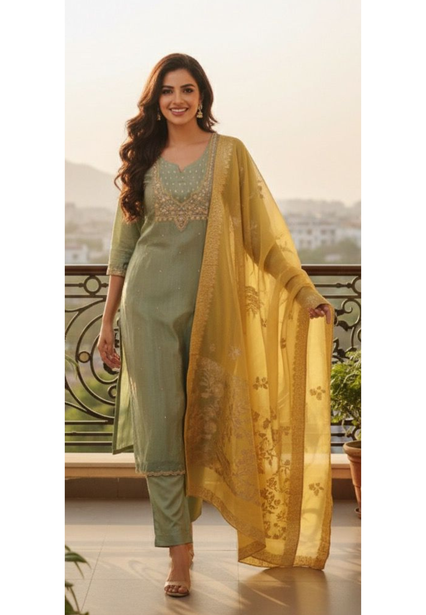 Very Elegant Sober Look Shimmery Front Yoked Full Suit Set With Dupatta In Tissue Fabric- 11664