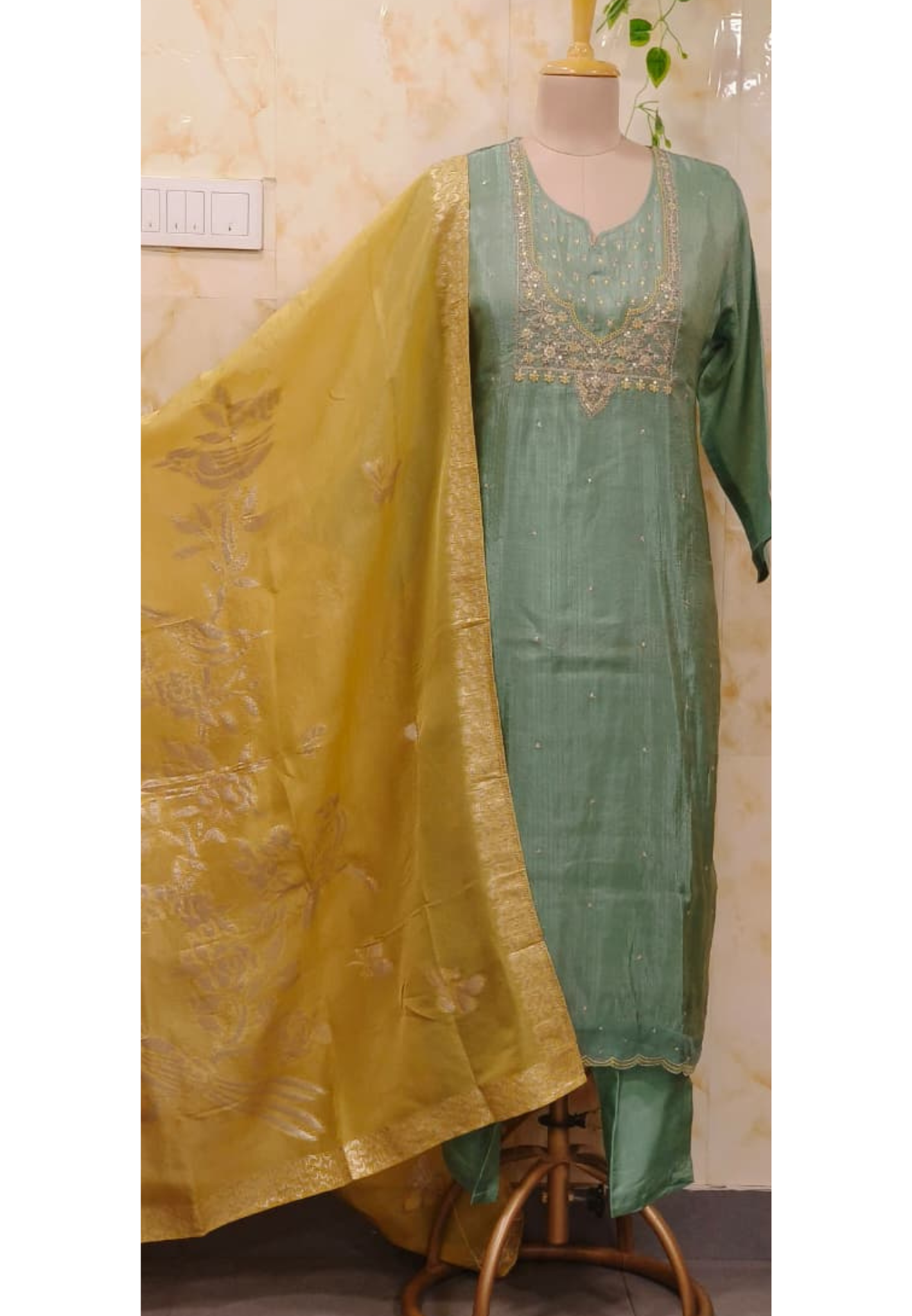 Very Elegant Sober Look Shimmery Front Yoked Full Suit Set With Dupatta In Tissue Fabric- 11664