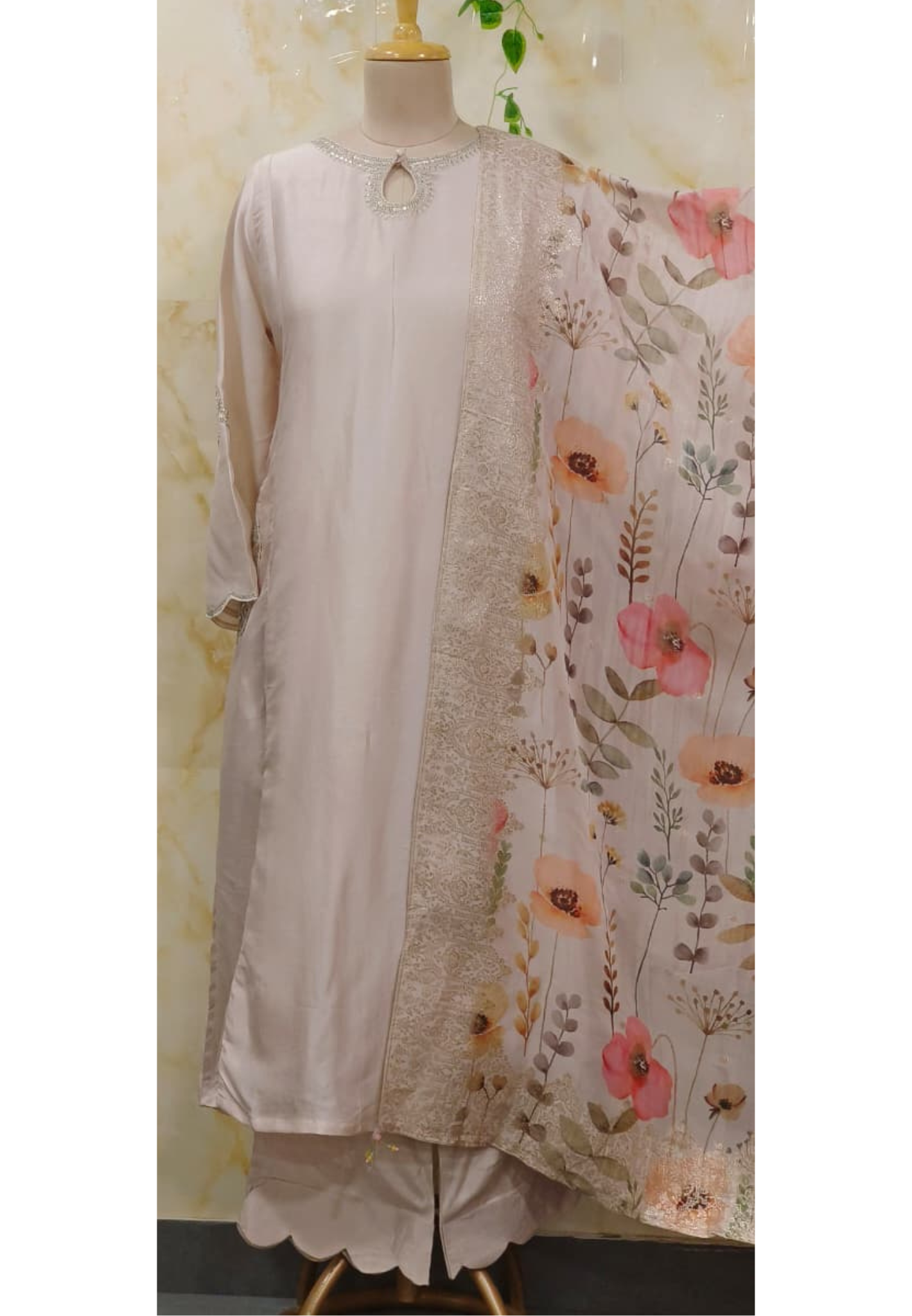 Floral Pocket Look Panel A-Line Full Suit Set With Flower Prints Dupatta In Silk Fabric- 11706