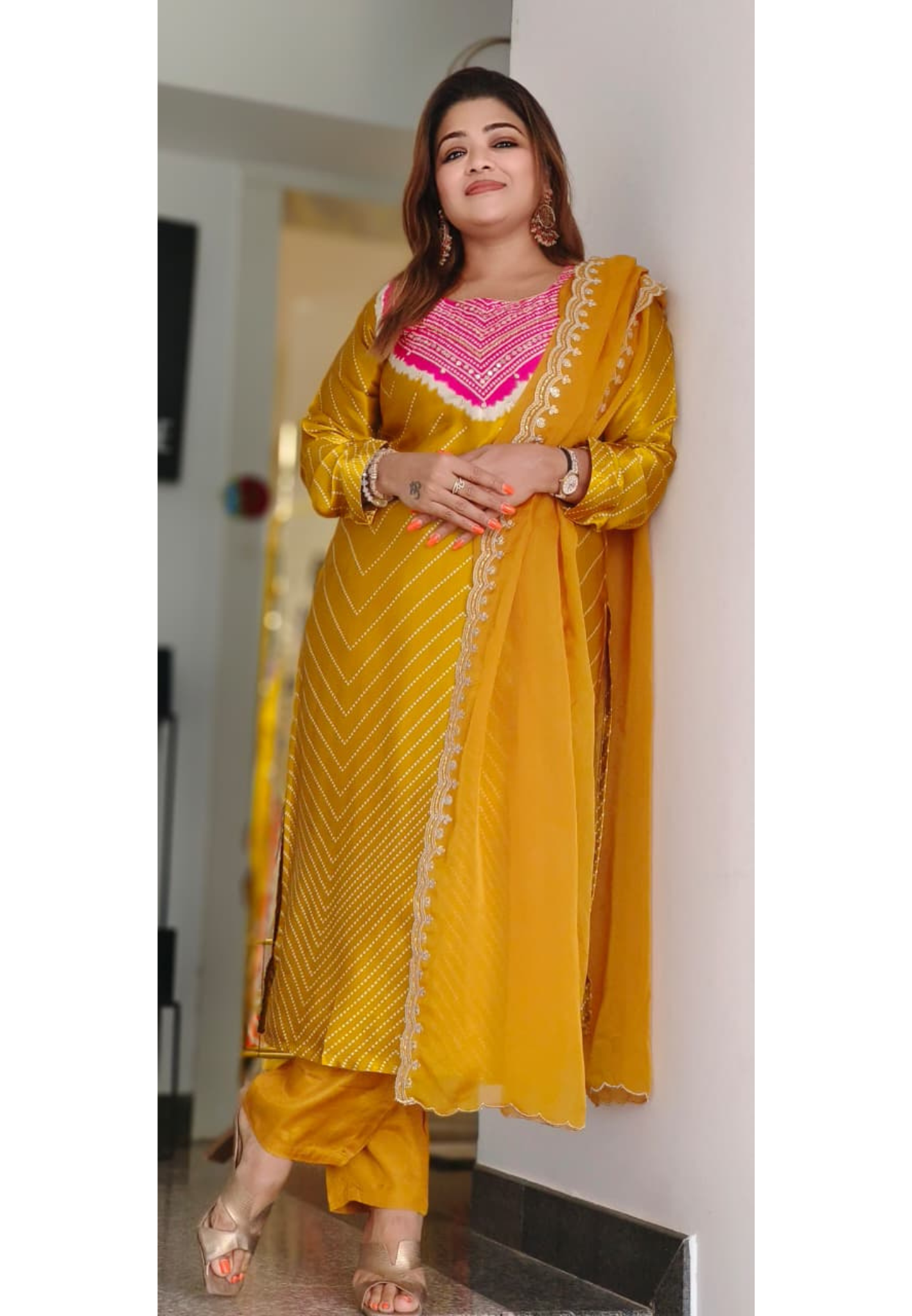 Tiny Foil Mirror Elegance Bandhej Sequenced Line Full Suit Set With Dupatta In Gajji Silk Fabric- 11698