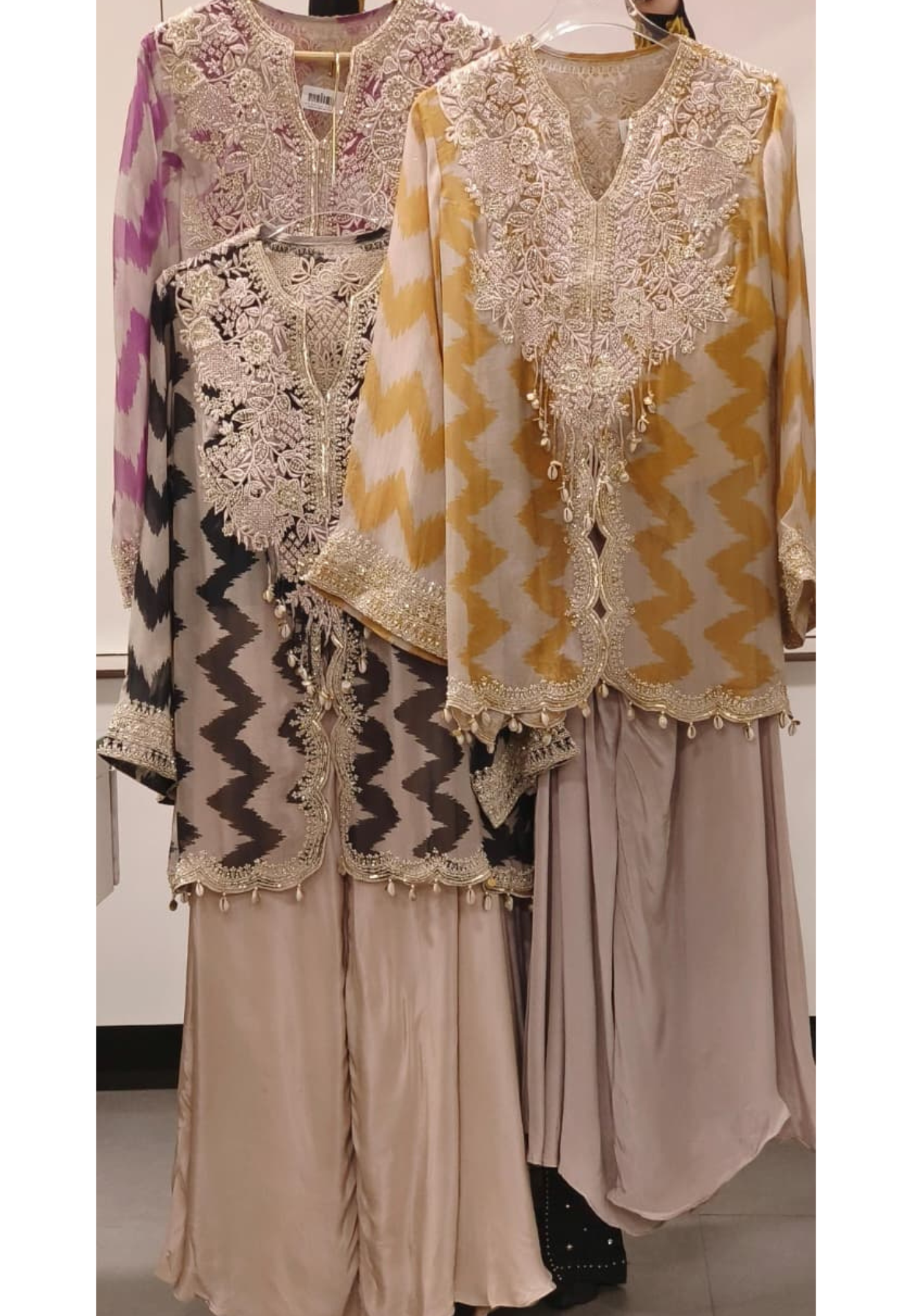 Zig-Zag Striped Heavy Handworked Tasseled Cape With Padded Buster & Flared Palazzo Bottom- 11739, 11738, 11737