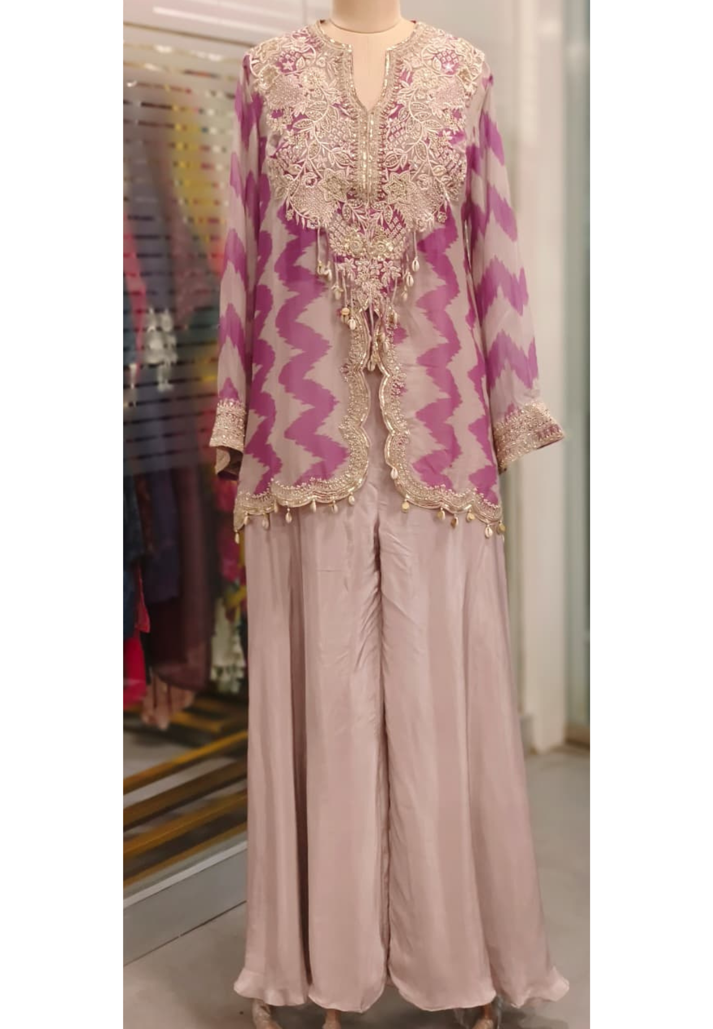 Zig-Zag Striped Heavy Handworked Tasseled Cape With Padded Buster & Flared Palazzo Bottom- 11739, 11738, 11737